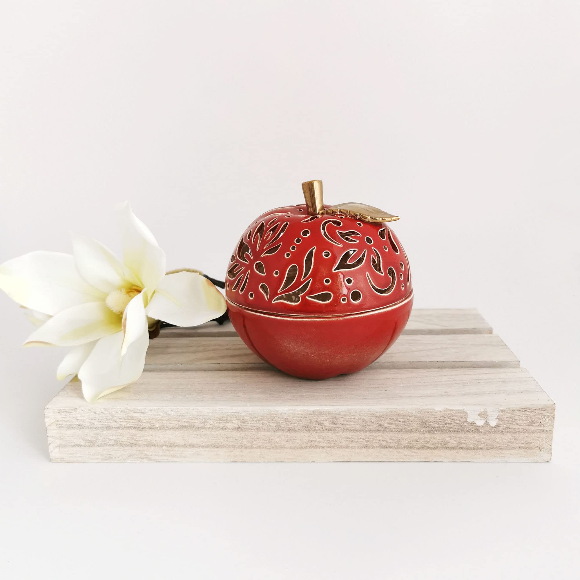 Handmade Red Ceramic Apple Candle Holder with Lid - Fall Table Decor, Christmas Gift, Berry Bowl & Trinket Dish | Perfect for Autumn Centerpieces, Holiday Gifting & Home Decor