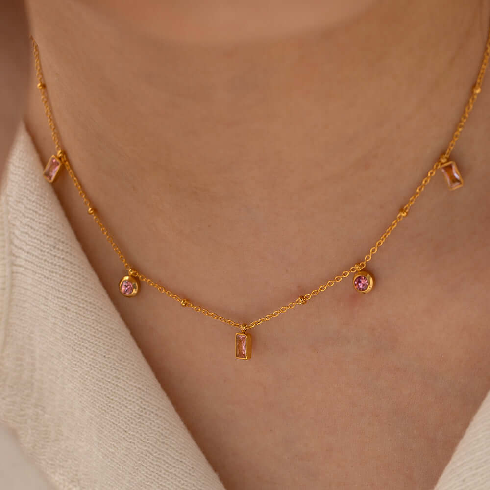 18K Gold Plated Baguette Charm Necklace & Pink Bracelet Set - Elegant Jewelry Gift for Women | Perfect for Valentine's Day, Anniversary & Special Occasions | JDN434