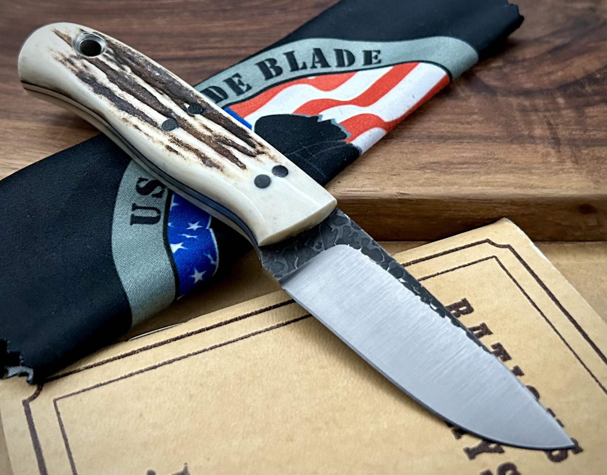 W.A. Surls Knives Balus Sambar Stag Bone Handle Hunting Knife - Black Liners, Tapered Tang & 1/8