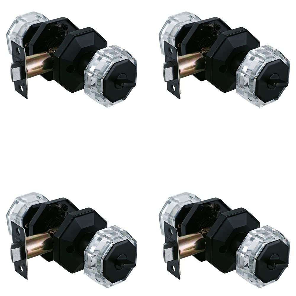 HISAFE Crystal Glass Privacy Bedroom & Bathroom Door Knobs - Matte Black Targon Style Keyless Entry Door Handle Locks for Interior Doors (4 Pack) - Perfect for Home, Office, and Hotel Renovations