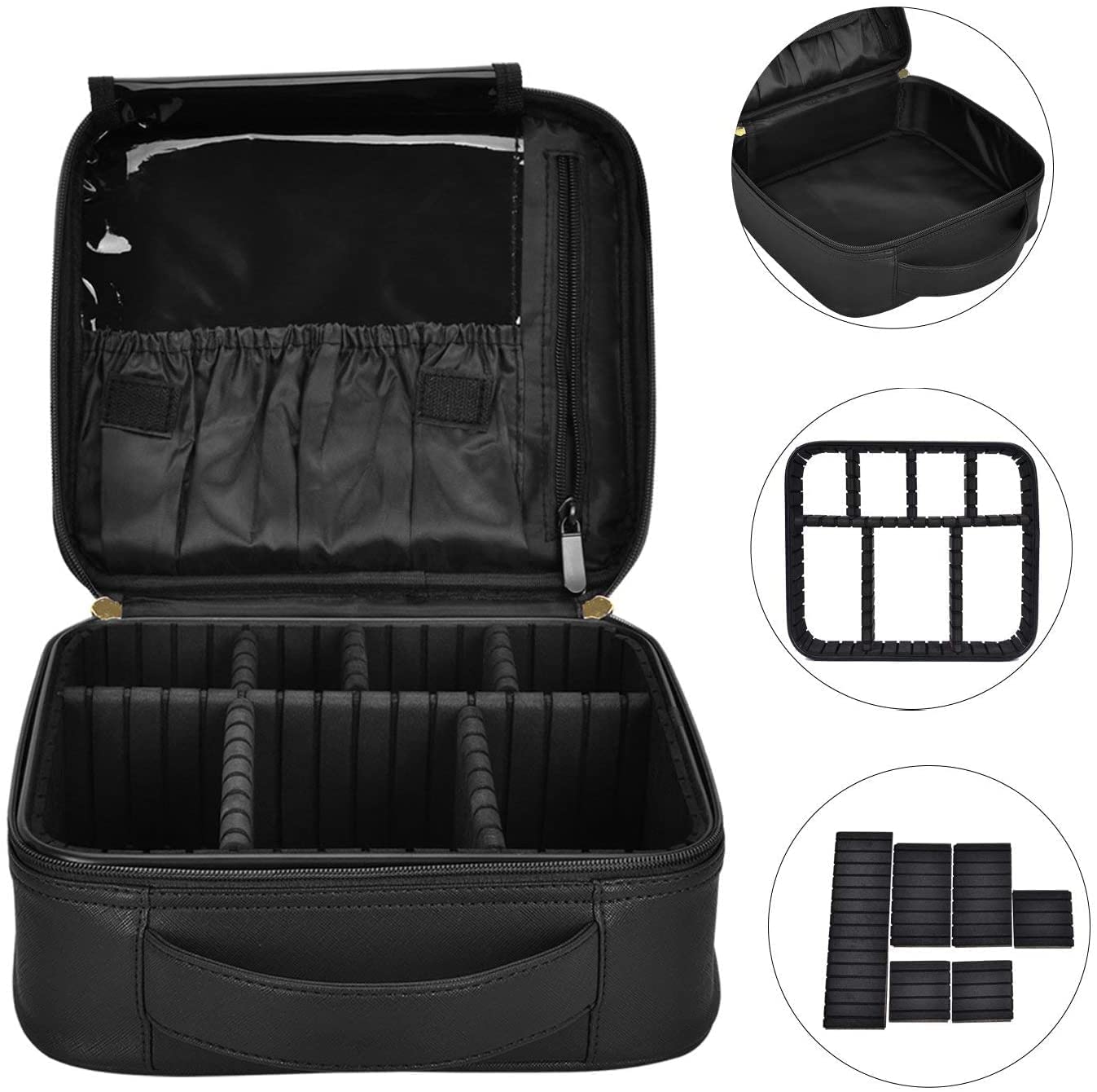 Portable Cosmetic Makeup Bag Organizer with Adjustable Compartments - Travel Makeup Case for Brushes, Hair Tools & Toiletries | Perfect for Women's Travel, Gym & Daily Use (Black)