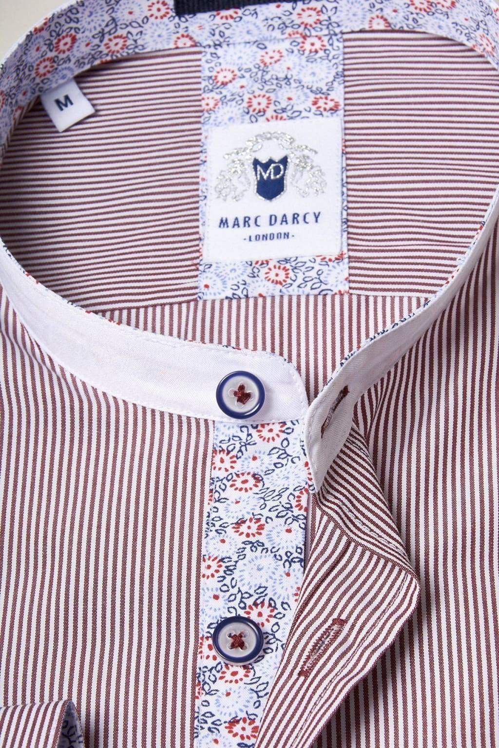 Marc Darcy Cooper Grandad Collar Wine Stripe Shirt for Men - Vintage Style Button Down Casual Shirt - Perfect for Date Night, Office Wear & Weekend Outings