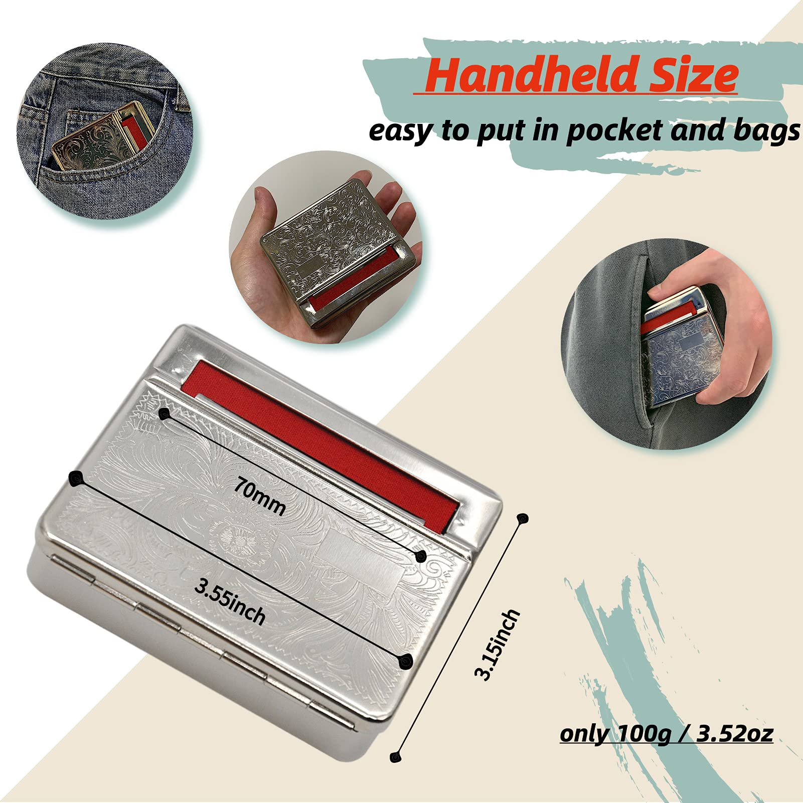 Automatic Metal Rolling Machine with Red Cloth - 70mm Cigarette Tobacco Roller & Storage Box | Perfect for DIY Cigarettes, Travel, and Home Use