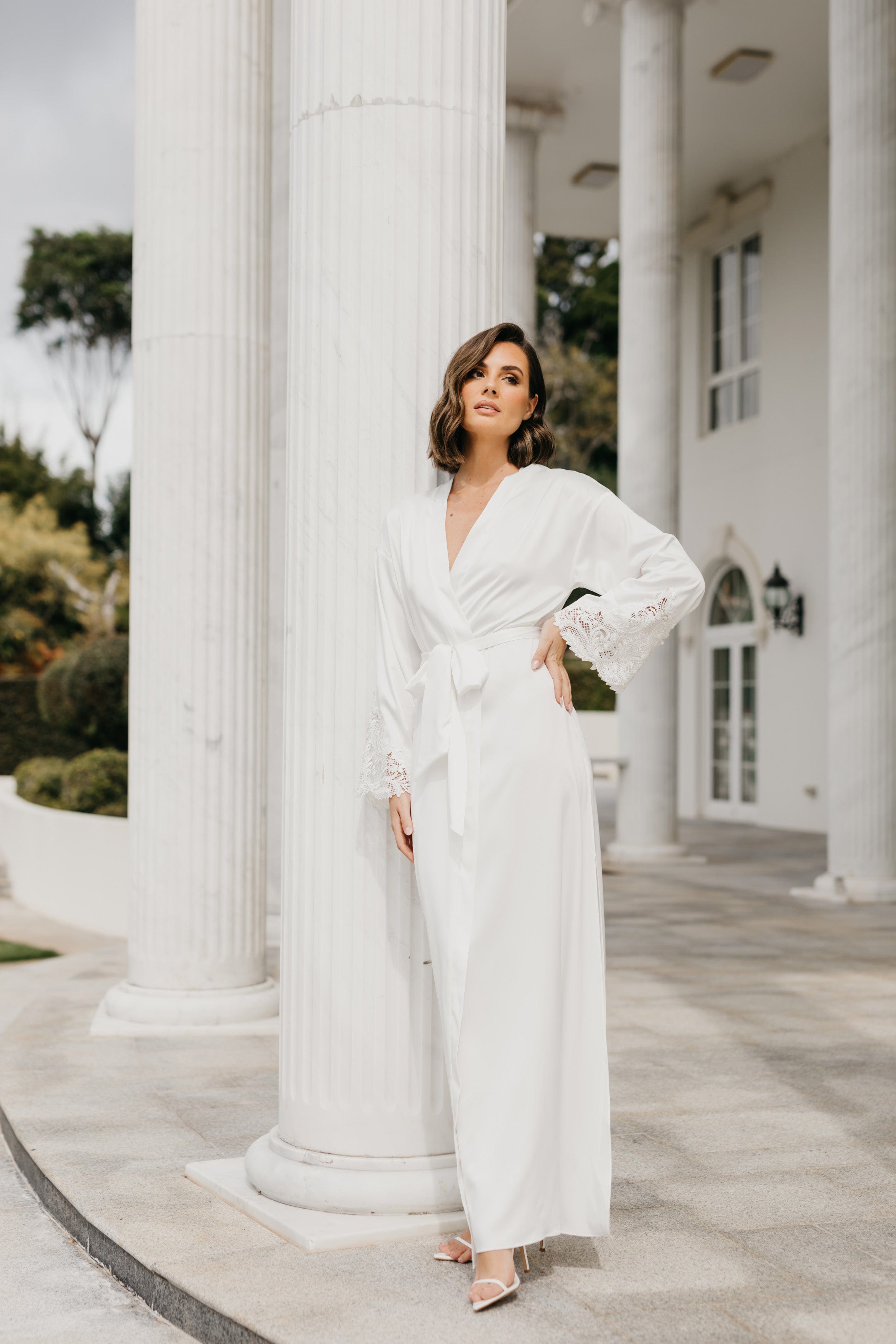 Elegant Satin Lace Trim Maxi Bridal Robe for Wedding Morning - Perfect for Bridal Shower, Getting Ready & Honeymoon (White)
