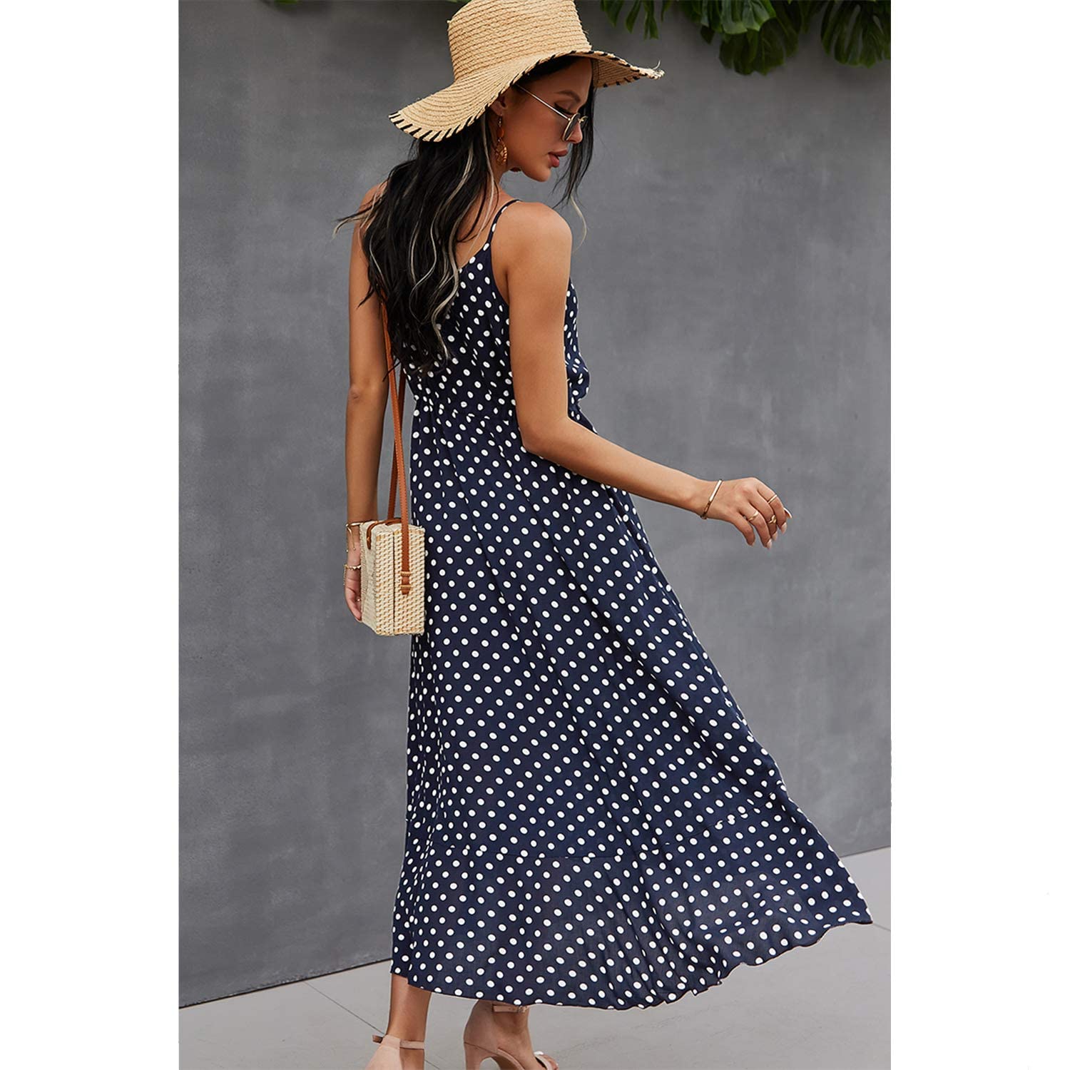 BROVAVE Women's 2025 Summer Casual Boho Sundress - Polka Dot Spaghetti Strap V-Neck Flowy Midi Dress for Beach, Vacation & Outdoor Parties