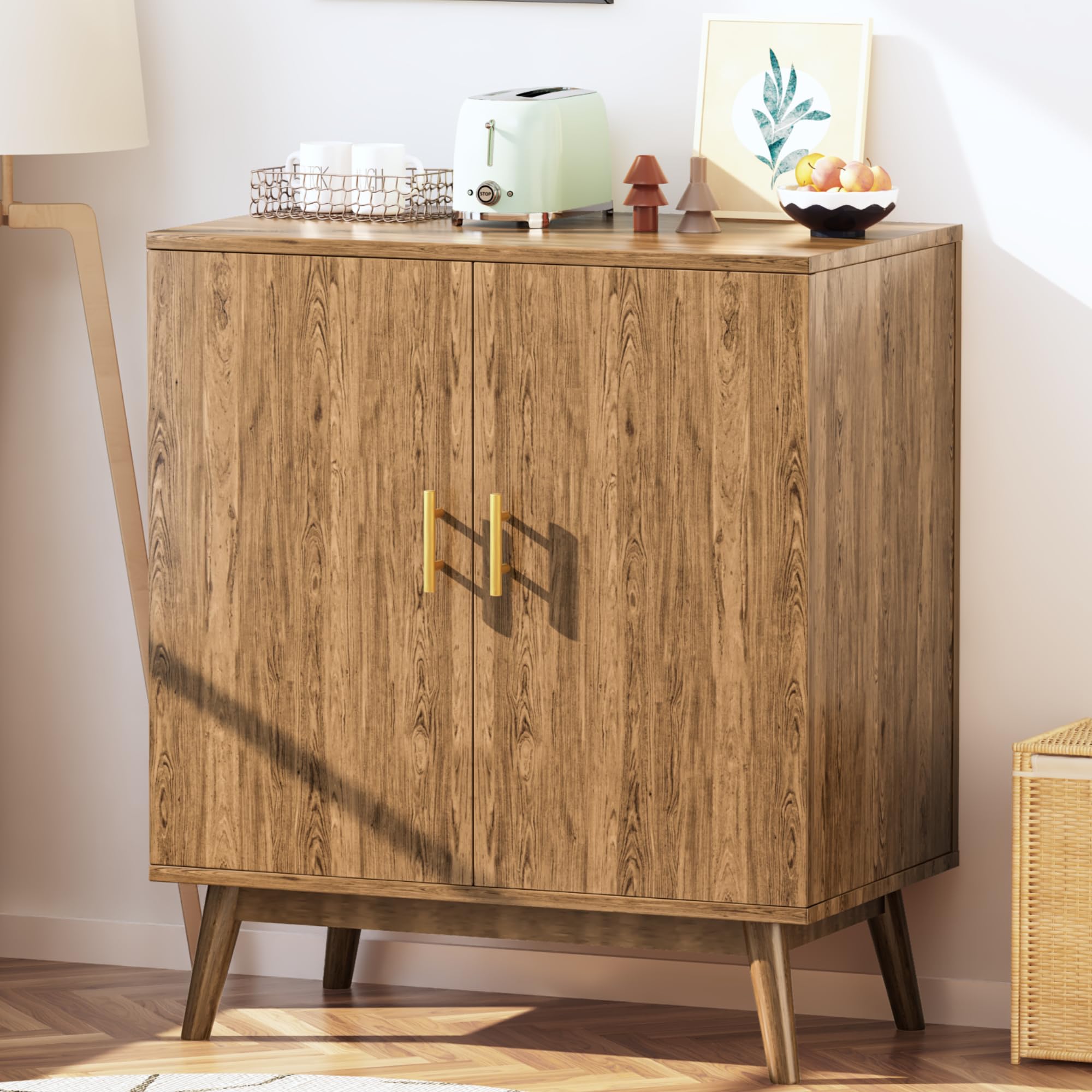 Lamerge Wine Bar Cabinet with Storage - Kitchen Liquor Cabinet with Wine Rack & Glass Holder, Sideboard Buffet Cabinet for Home Coffee Bar - Natural Wood Home Bar Furniture for Dining Room, Living Room & Entertainment Areas
