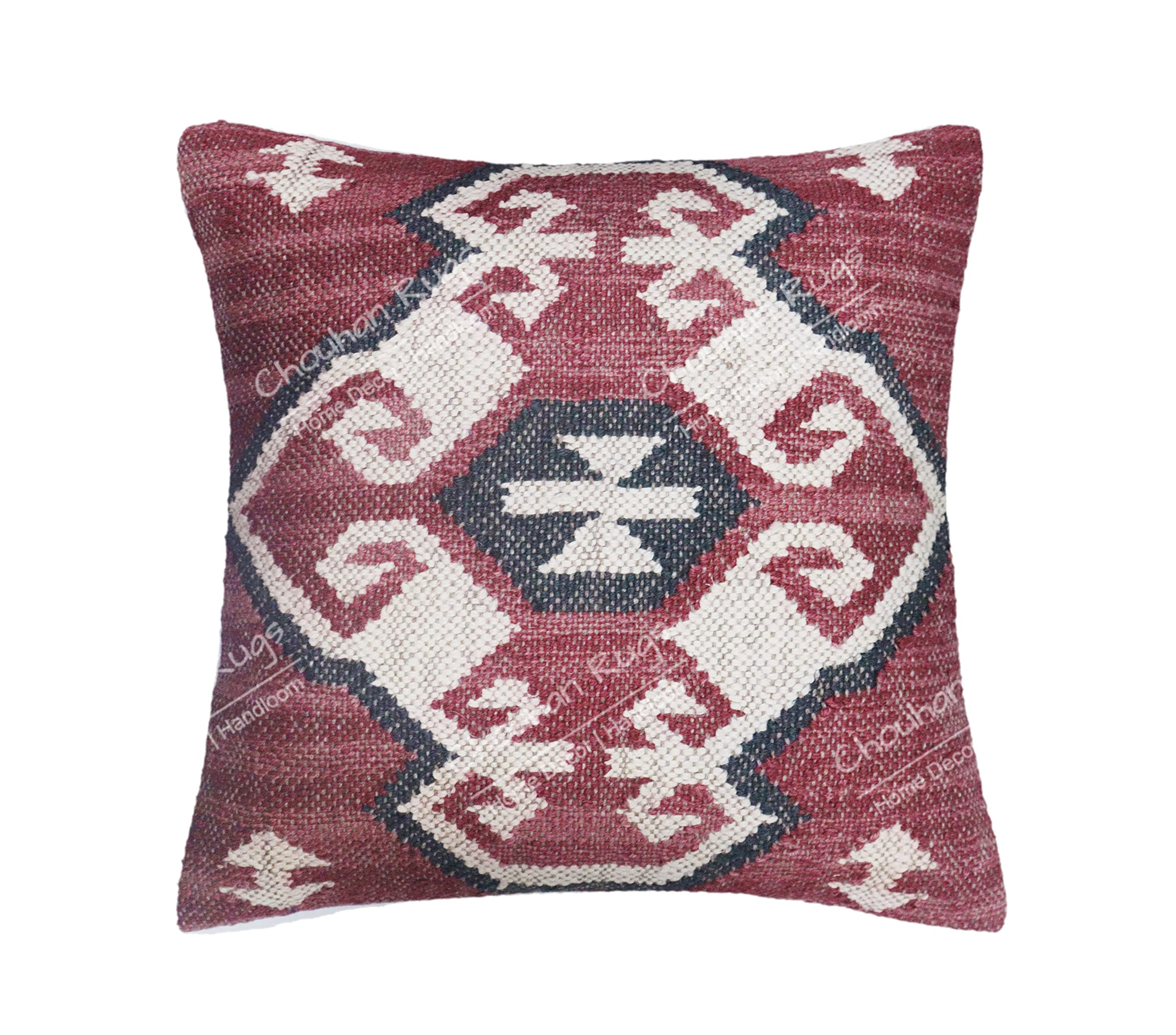 Set of 5 Handmade Jute Pillow Covers 18x18 Inch - Bohemian Kilim Square Cushion Cases for Sofa, Bed & Home Decor - Perfect for Christmas, Living Room & Boho Style Interior Design