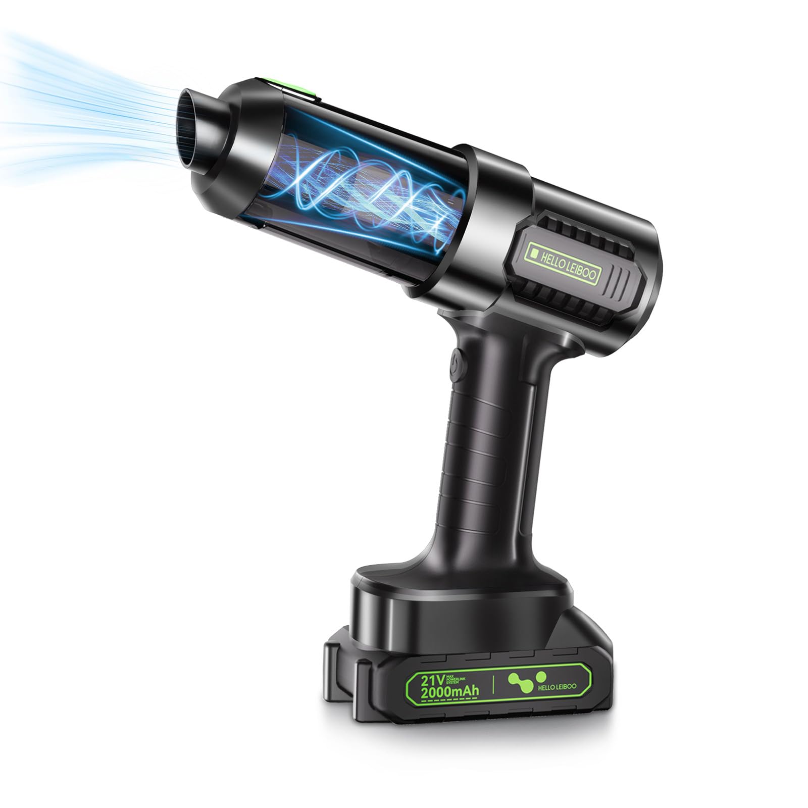 helloleiboo 4-in-1 Cordless Handheld Vacuum Cleaner - 16000PA Powerful 21V Rechargeable Car Vacuum with Removable Battery & Multi-Nozzles for Home, Office, Pet Hair Cleaning (Green) - Perfect for Cars, Sofas, Stairs & Pet Areas
