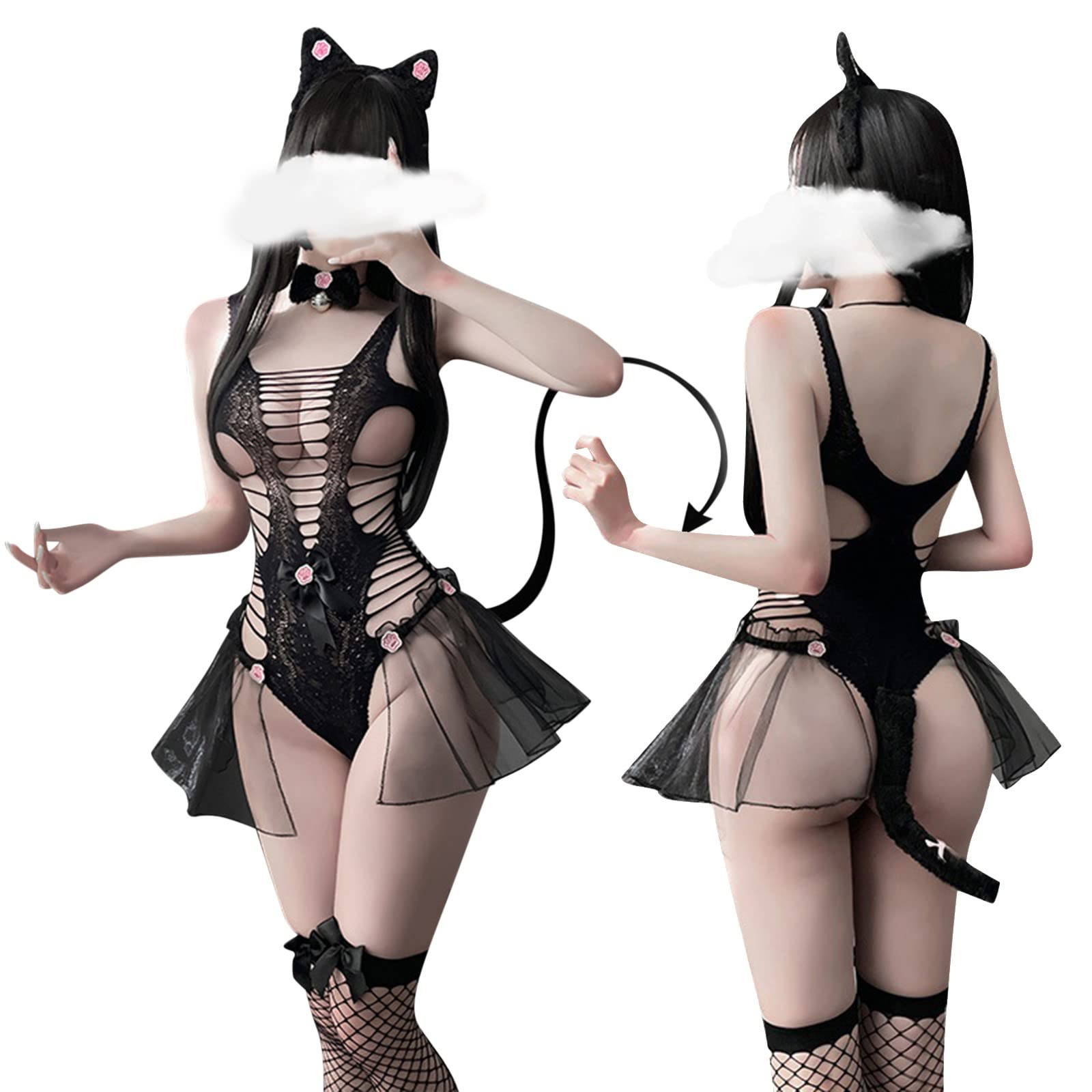 Sexy Women's Mesh Cat Lingerie Jumpsuit with Bow - Black One Size Lace Bodysuit for Valentine's Day, Bridal Shower & Romantic Nights