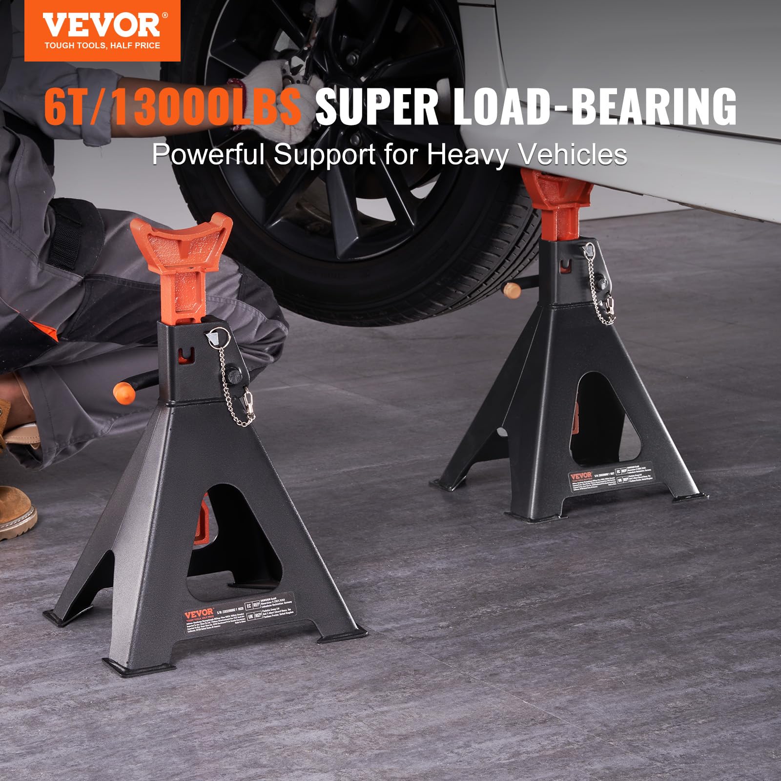 VEVOR 6 Ton (13,000 lbs) Capacity Heavy Duty Jack Stands - Double Locking Safety, 14.2-23 Inch Adjustable Height - for SUV, Pickup Truck, Car & UTV/ATV Vehicle Maintenance & Repair - Red (1 Pair)
