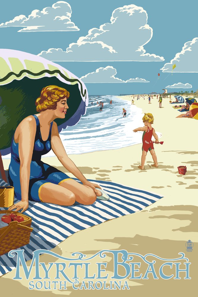 Myrtle Beach South Carolina Woman on Beach - 36x54 Giclee Gallery Art Print - Vivid Textured Wall Decor for Living Room, Bedroom & Office