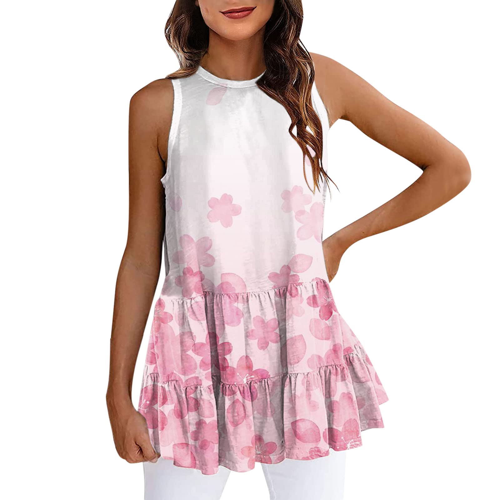 Women's Summer Tops - Casual Sleeveless Printed Pleated Blouse | Loose Fit Flare Tunic Tank Top for Beach, Vacation & Everyday Wear