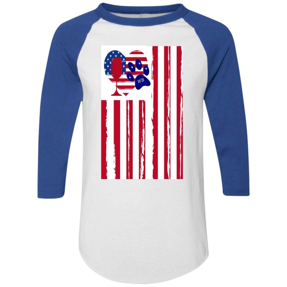 American Flag Wine Glass with Paw Heart Design - Colorblock Raglan Jersey for Women | Perfect for Patriotic Parties, BBQ Gatherings & Wine Lovers