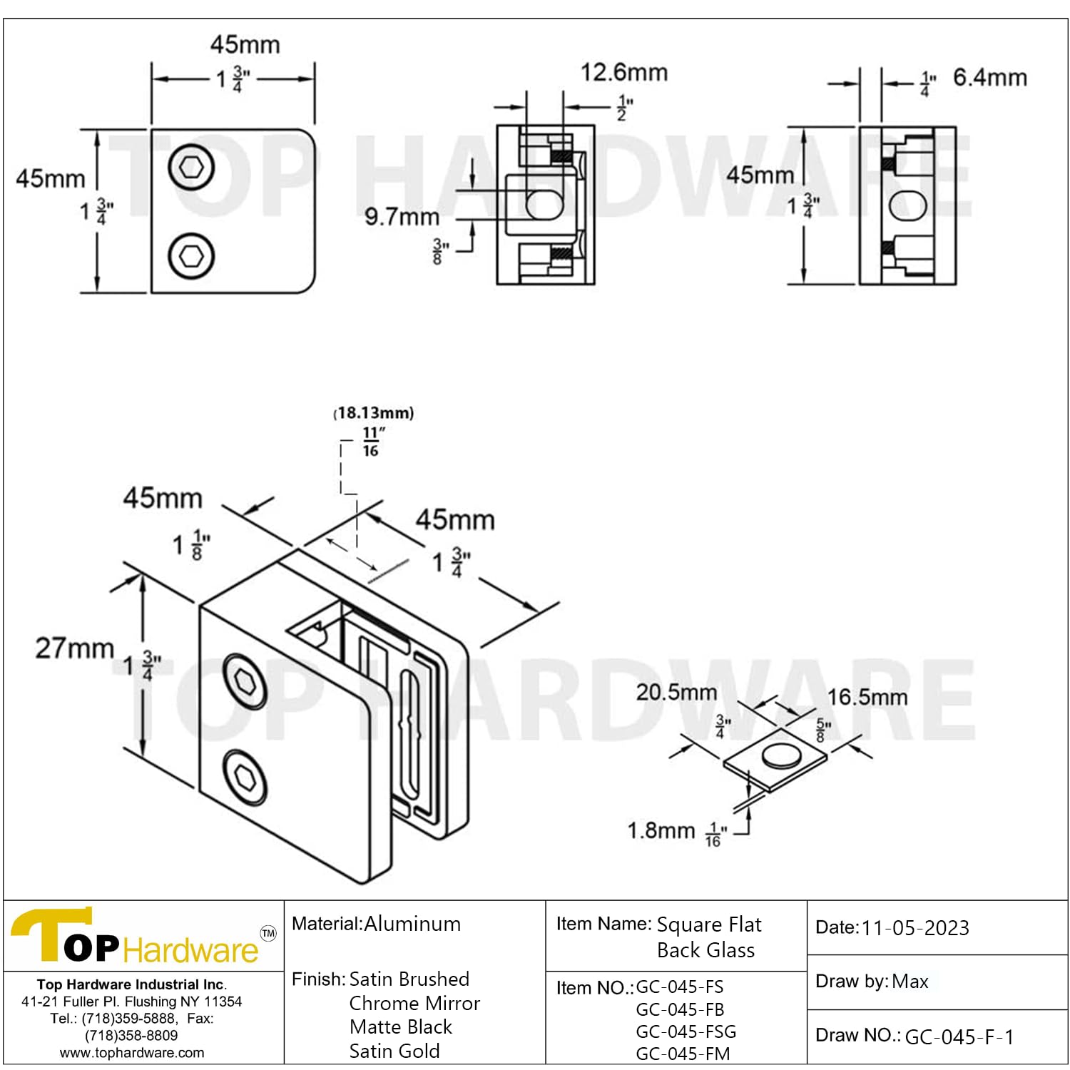 45x45mm Stainless Steel Square Glass Clamp - 1/4