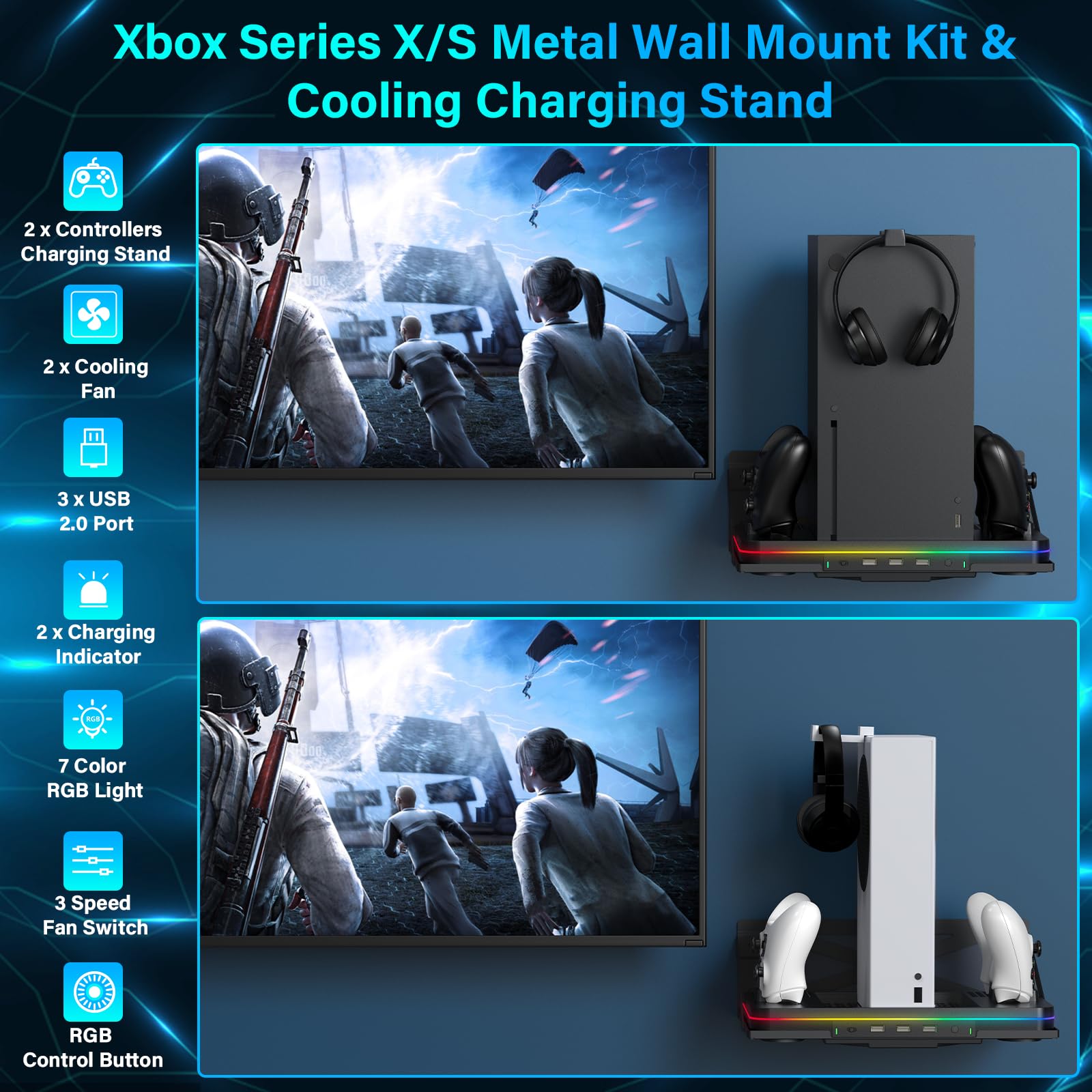 Luckit Vertical Wall Mount & Cooling Charging Stand for Xbox Series X/S - Dual Controller Charger Station with Cooling Fan, 3 USB Ports & 2 Headset Stand - Perfect for Gaming Setup & Console Organization