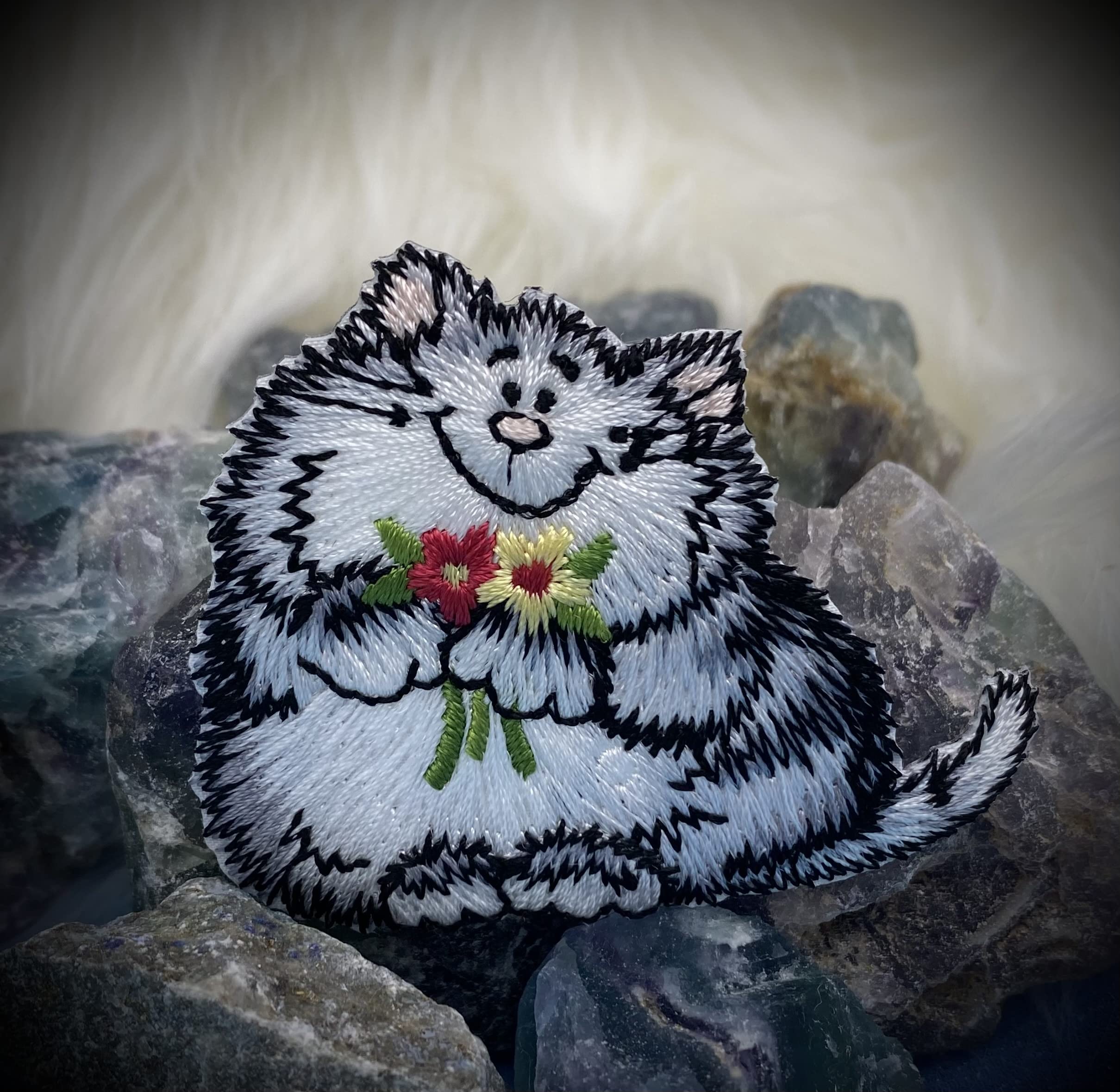 Gray Kitty Cat Embroidered Iron On Patch with Red & Yellow Flowers - Perfect for Pet Lovers, DIY Clothing, Jackets, Backpacks & Costume Decoration