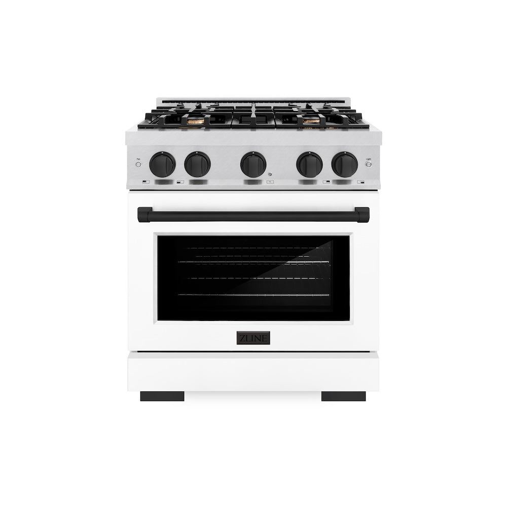 ZLINE Autograph Edition 30 Inch 4.2 Cu Ft Gas Range with 4 Burner Cooktop & Convection Oven - Satin Stainless Steel with White Matte Door & Black Accents (HGRSZ WM 30 MB) | Professional Kitchen Appliance for Home Chefs & Cooking Enthusiasts
