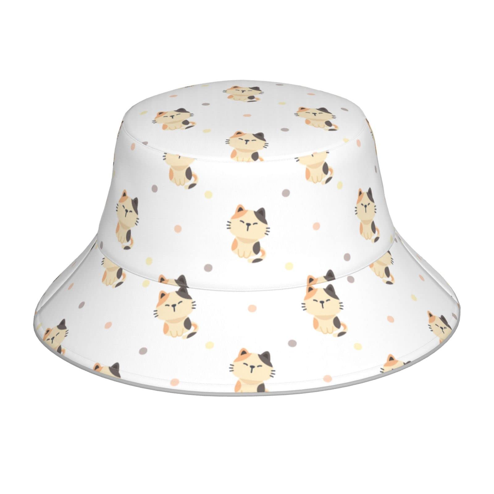 UEJUNBO Reversible Reflective Bucket Hat for Women & Men - Cute Summer Beach Sun Hat with Cat Dots Design - White Bucket Hat for Outdoor, Travel, and Beach Activities