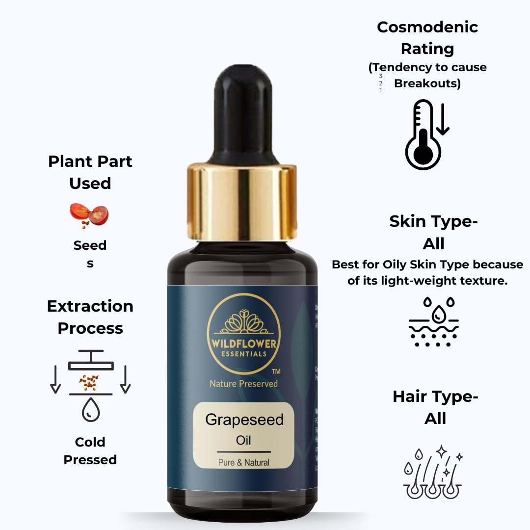 100% Pure & Natural Cold Pressed Grapeseed Oil for Face, Skin & Hair - Lightweight Anti-Aging Carrier Oil | Wildflower Essentials Undiluted 30ml | Perfect for DIY Beauty, Massage & Aromatherapy