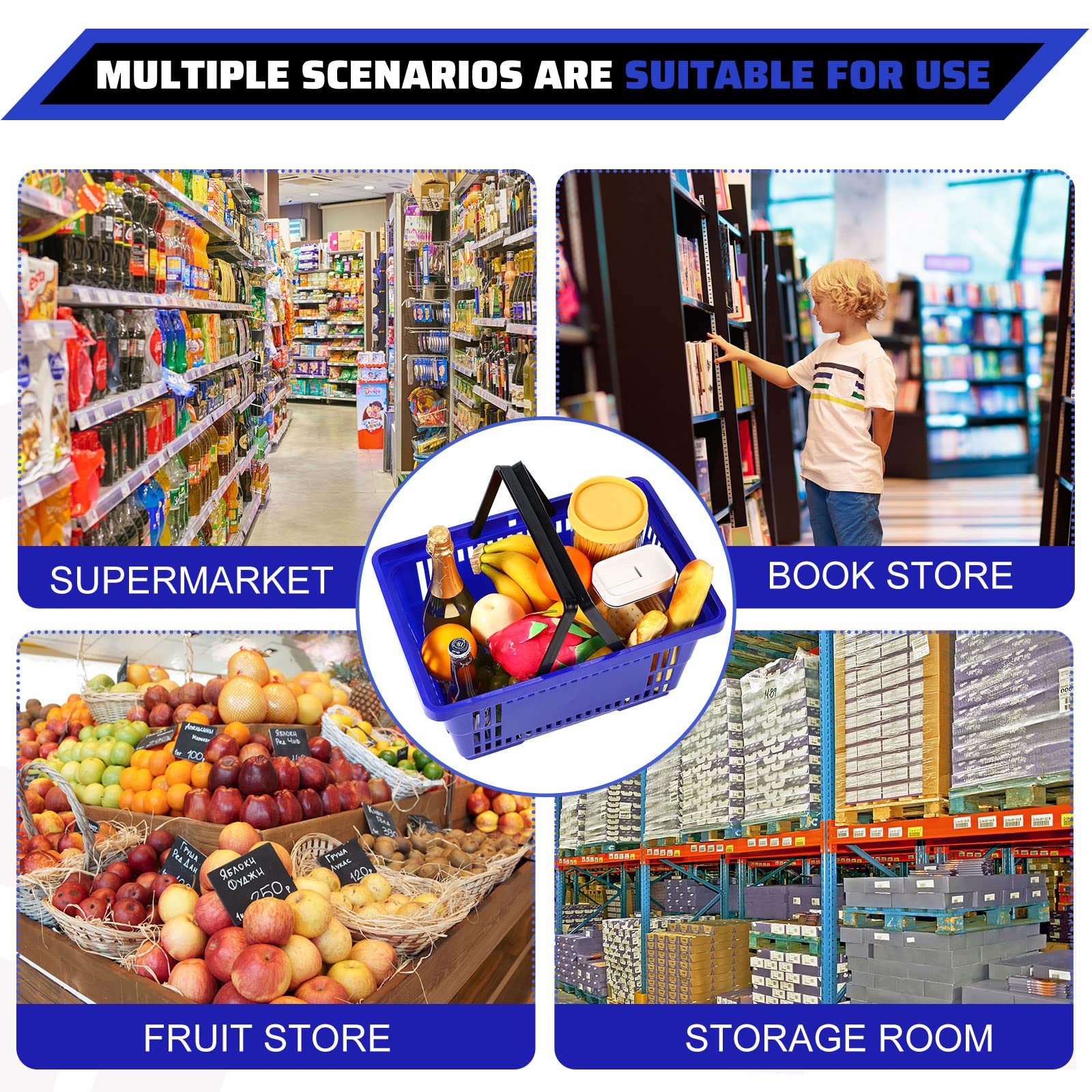 20 Pack Blue Plastic Shopping Baskets with Handles - 18L Grocery Storage Baskets (16.9