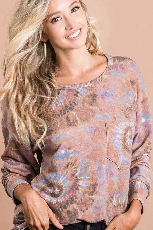 BiBi Tie Dye Print Terry Cotton Top with Front Patch Pocket - Women's Casual Loungewear for Summer & Beach