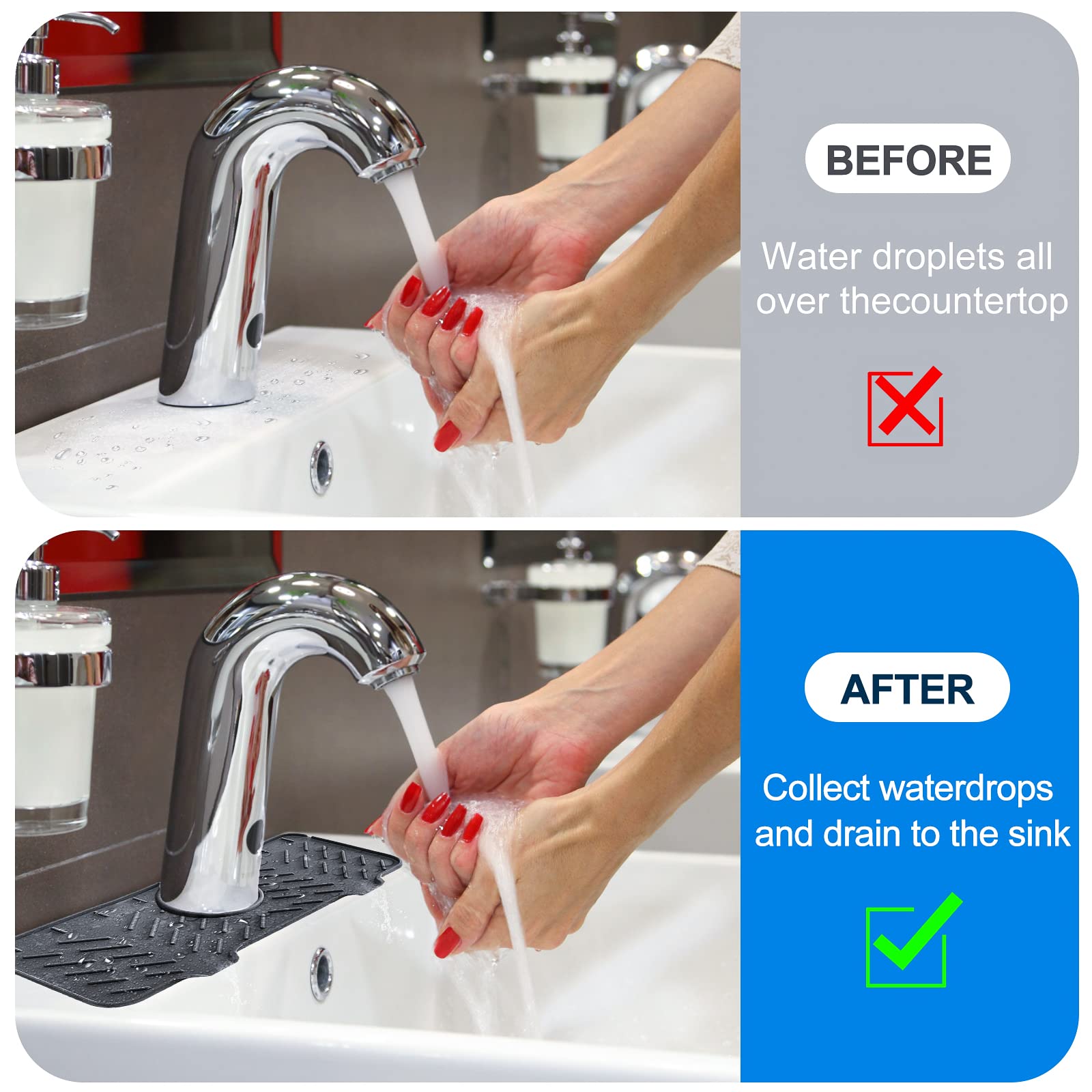 2 PCS Silicone Kitchen Sink Splash Guard - Water Splash Prevention Tray for Faucets, Durable Draining Pad for Kitchen, Bathroom, Bar & RV - Perfect for Washing Dishes, Cleaning Vegetables & Preventing Countertop Mess