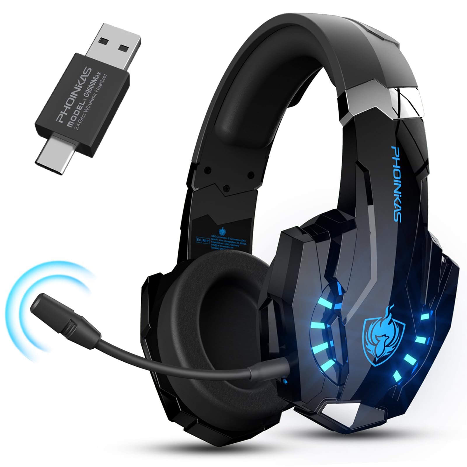 PHOINIKAS Wireless Gaming Headset for PS4/PS5/PC/Nintendo Switch - 7.1 Surround Sound, Detachable Noise-Canceling Mic, 30+ Hour Battery, LED Lights - Perfect for Gaming, Streaming & Online Meetings