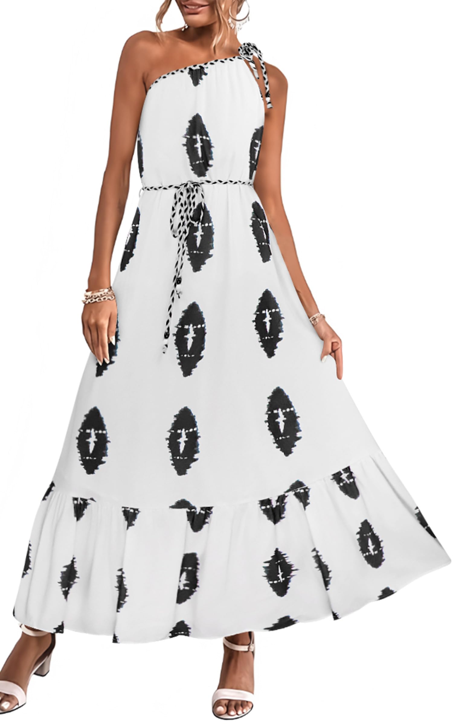 ECOWISH Women's Summer Maxi Dress - Casual One Shoulder Midi Dress with Pockets | Boho Beach Vacation & Resort Wear | Flowy Long Sundress for Pool Parties, Date Nights & Tropical Getaways 2025