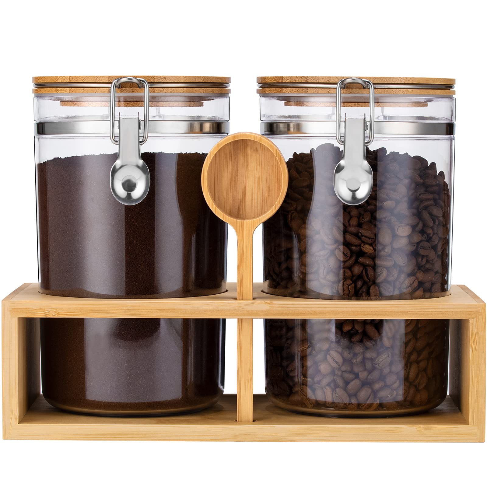 Yangbaga 2-Piece 58oz Plastic Coffee Sugar Canisters with Shelf - Airtight Storage Containers for Ground Coffee, Beans & Kitchen Pantry - Includes Locking Lids, Scoop & Space-Saving Design - Perfect for Home, Office & Coffee Shop Organization