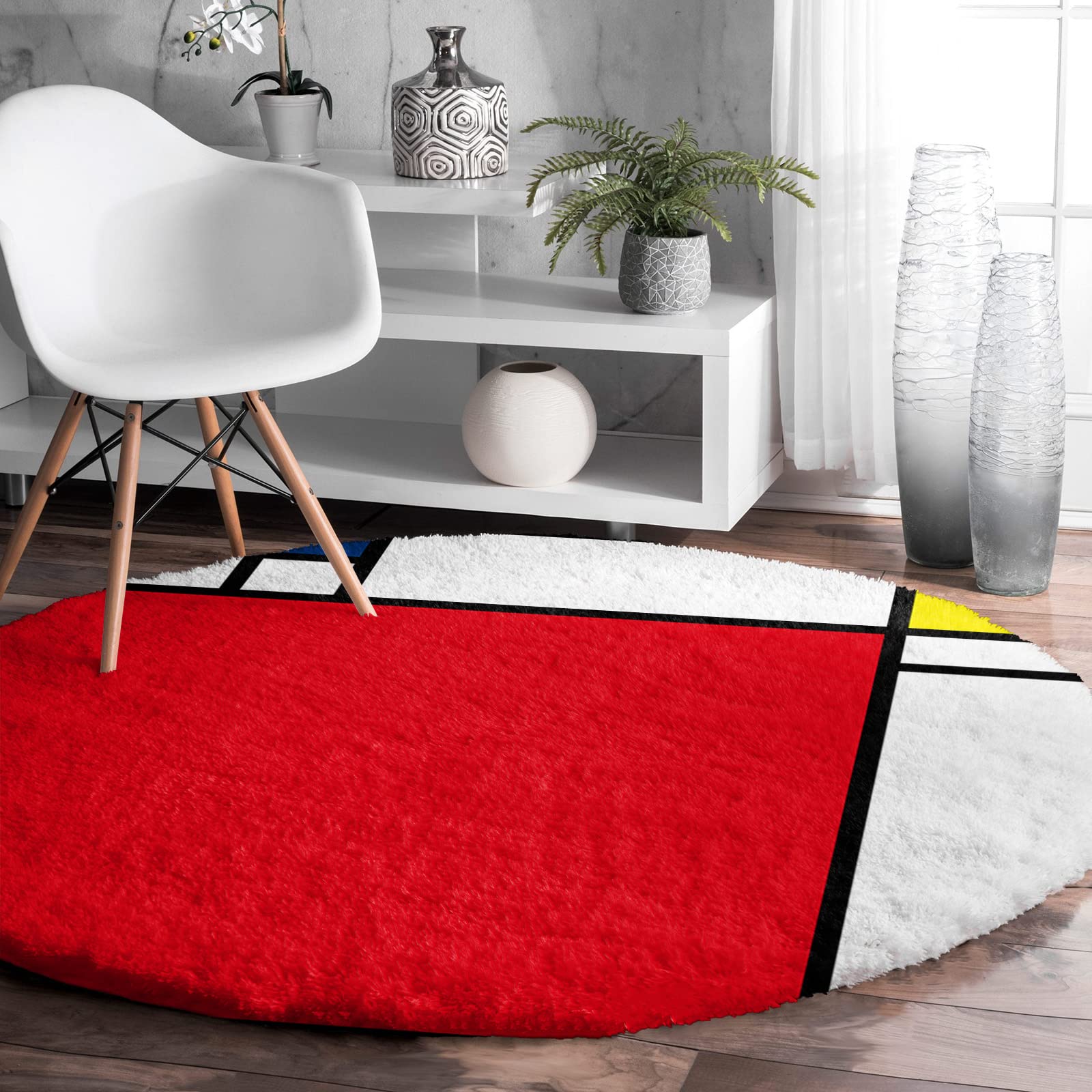 **Modern Abstract Geometric Kids Area Rug - Soft Plush Shaggy Round Carpet for Nursery, Living Room & Bedroom - Red Blue Yellow Design, 4ft Diameter - Perfect for Playrooms, Dorm Decor & Cozy Home Spaces**