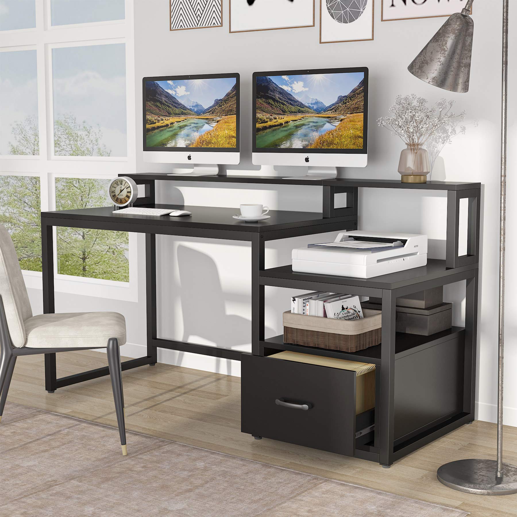 Tribesigns 60 Inch Large Computer Desk with Storage Shelves & File Drawer - Home Office Desk with Hutch, Study Writing Table with Monitor Stand Riser Shelf - Perfect for Remote Work, Gaming & Home Office Setup (Black)