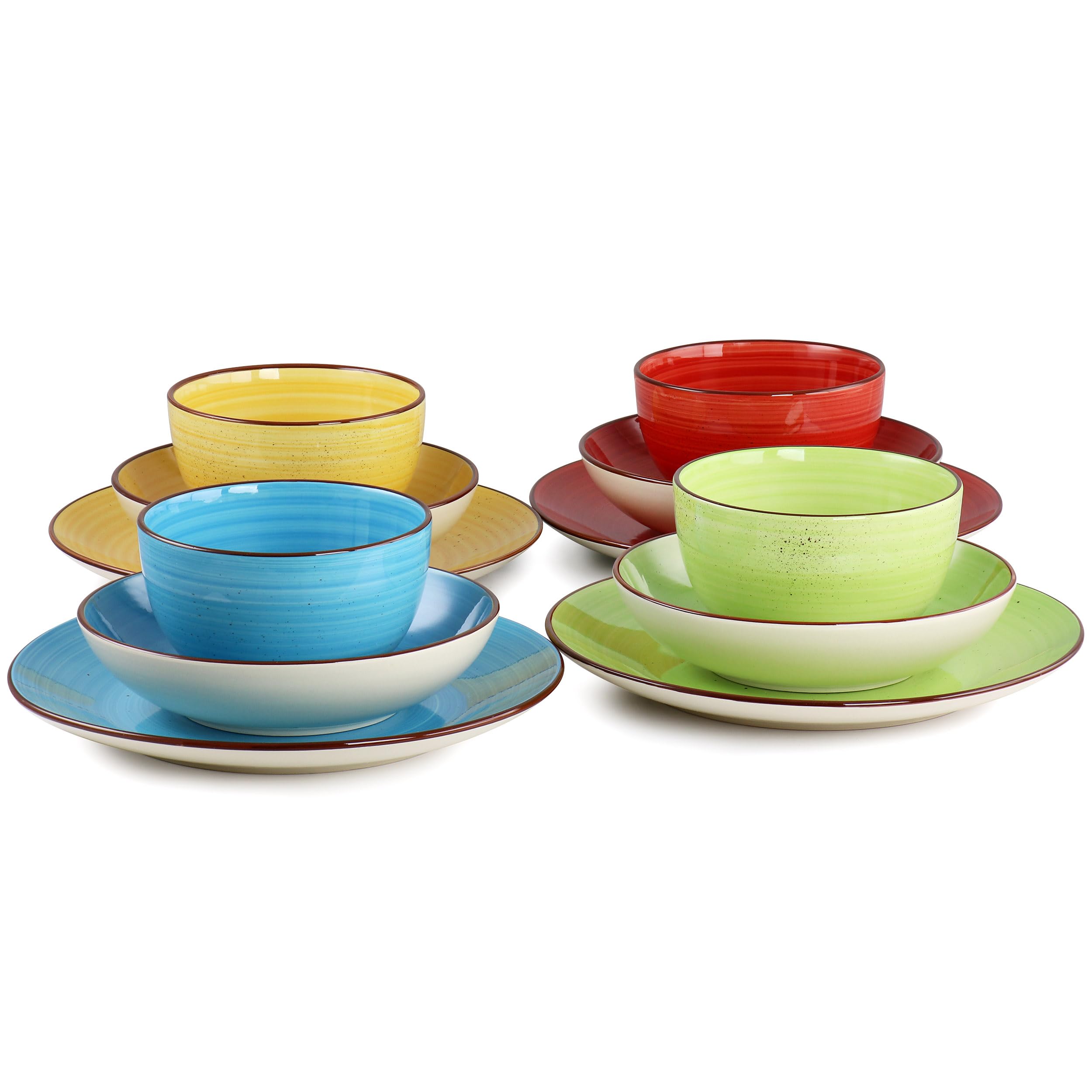 Elama 12-Piece Stoneware Dinnerware Set - Double Bowl Plates, Bowls & Mugs - Durable Mason Style for Everyday Dining, Family Meals & Entertaining