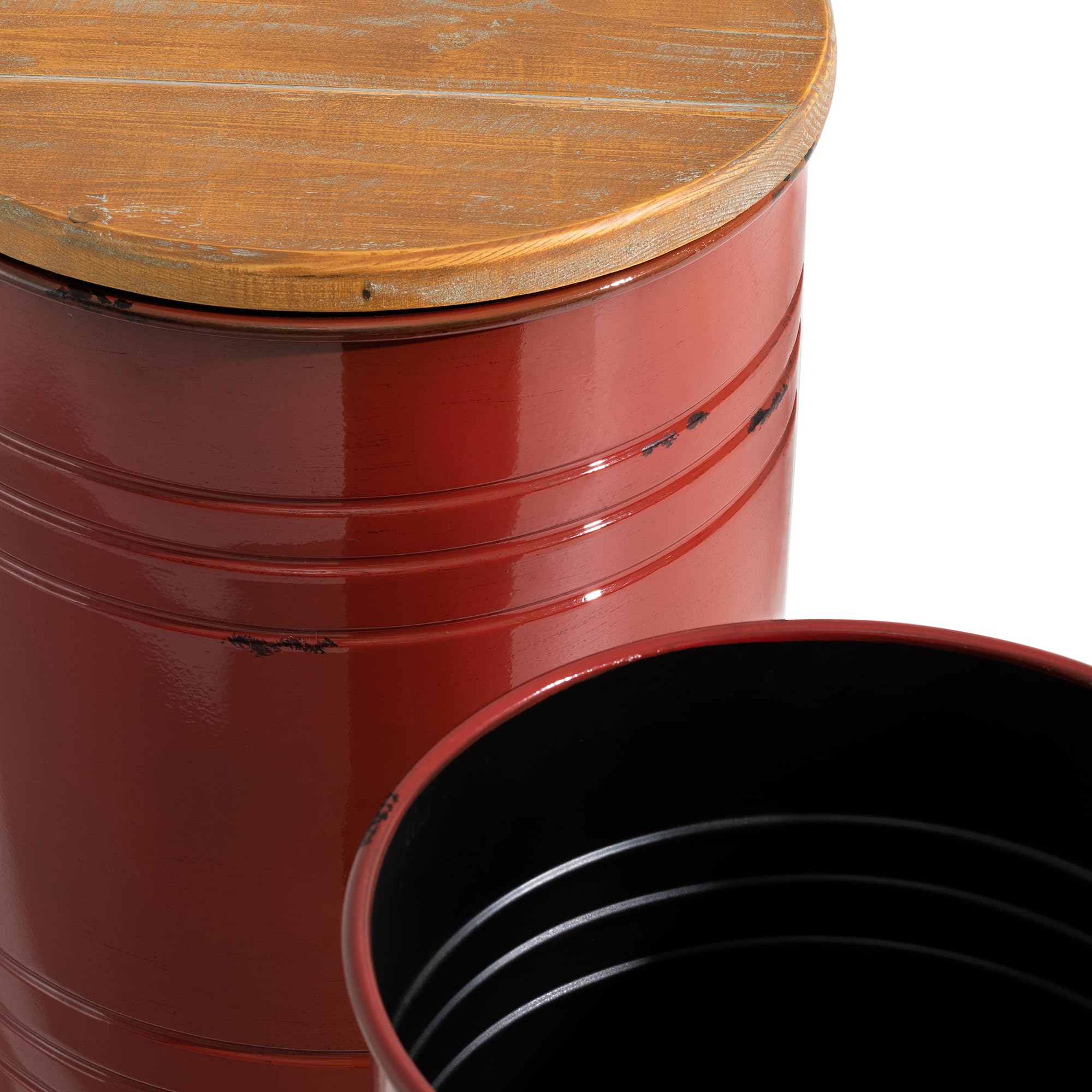 Glitzhome 2-Piece Farmhouse Nesting Tables with Storage Lids - Rustic Metal Barrel Side Tables for Living Room, Bedroom, Office - Red | Perfect for Small Space Decor & Extra Storage