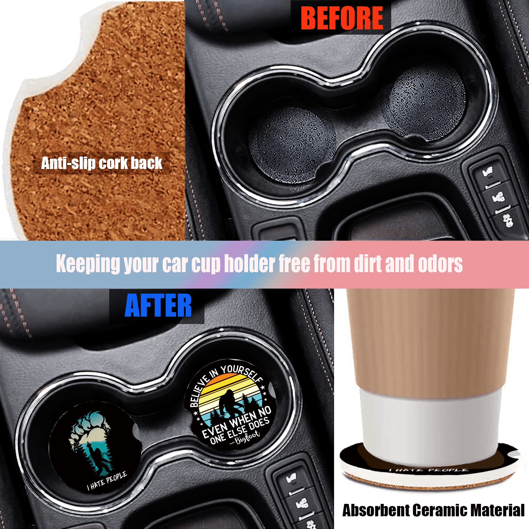 2 Pack Bigfoot Car Coasters for Men - Funny Sasquatch Cup Holder Drink Mats, Durable Car Accessories, Perfect Gift for Men, Friends, Colleagues - Ideal for Road Trips, Camping, and Outdoor Adventures