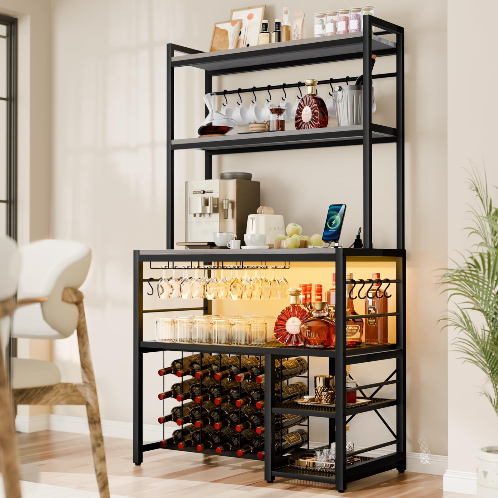 Freestanding Wine Bar Cabinet with Outlet & LED Lights - 4-Tier Movable Storage Shelf, Glass Holder - Durable Kitchen & Dining Room Liquor Cabinet for Home Entertaining, Parties & Wine Storage