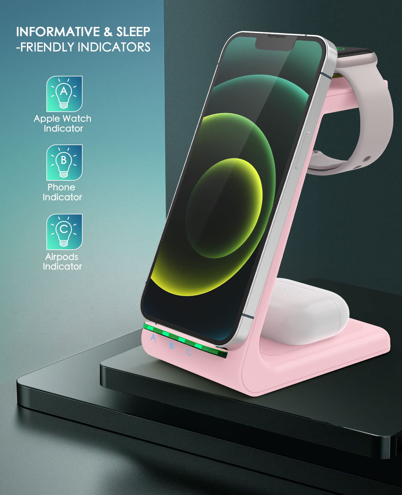 3-in-1 Fast Wireless Charging Station for iPhone 15/14/13/12/11 Pro Max/X/Xs/8 Plus, AirPods Pro/3/2 & Apple Watch Series Ultra/9/8/7/SE - Pink | Multi-Device Desk Charger Stand for Home, Office & Nightstand