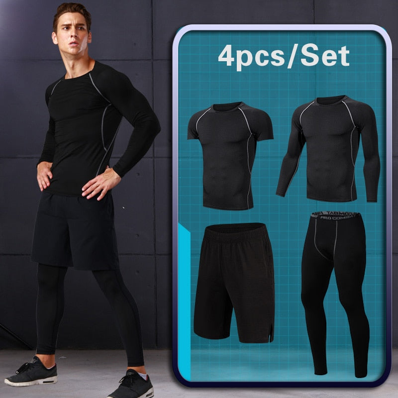 4 Pcs Men's Gym Sportswear Running Track Suits - Breathable Quick-Dry Athletic Jogging Outfit for Men - Perfect for Outdoor Running, Gym Workouts & Casual Sports Activities