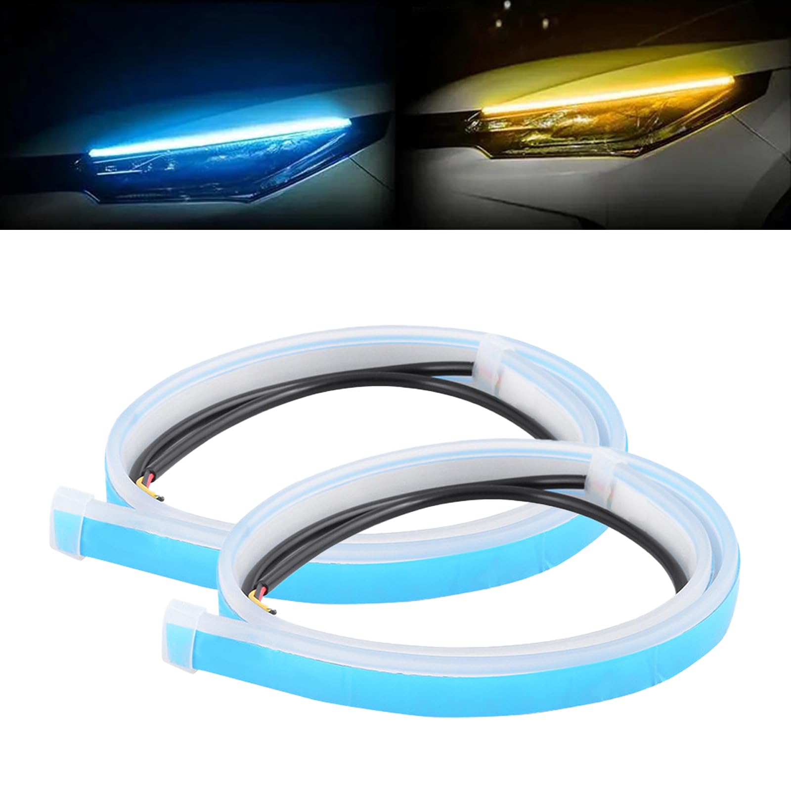 ZKFAR 2 Pack 12V 5W 144SMD Waterproof LED Light Strips for Cars - Ultra Thin 1.9Ft Silicone Daytime Running Lights with Adhesive, Sequential Turn Signal Lights (Blue & Yellow) - Perfect for Car Modification, Accent Lighting & Vehicle Customization