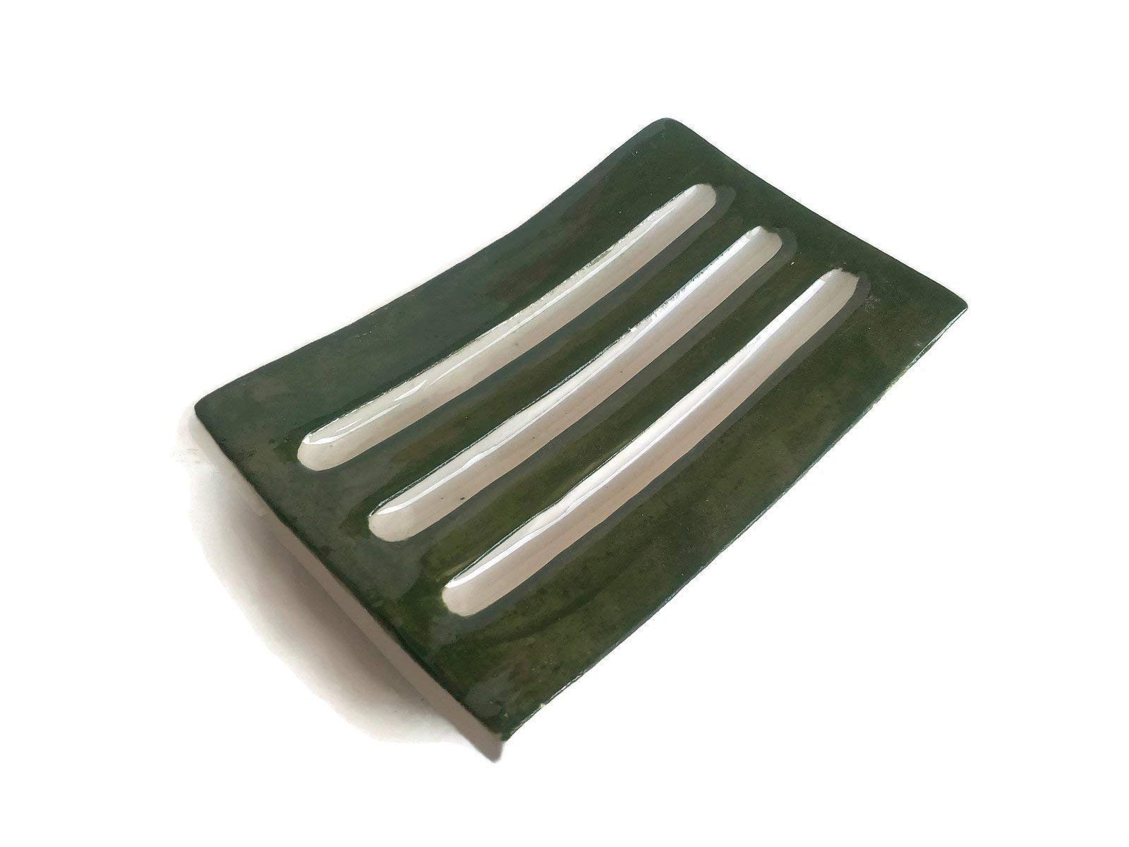 Olive Green Handmade Ceramic Soap Dish for Bar Soap - Rectangle Sponge Holder | Bathroom & Kitchen Organizer, Spa & Shower Accessory