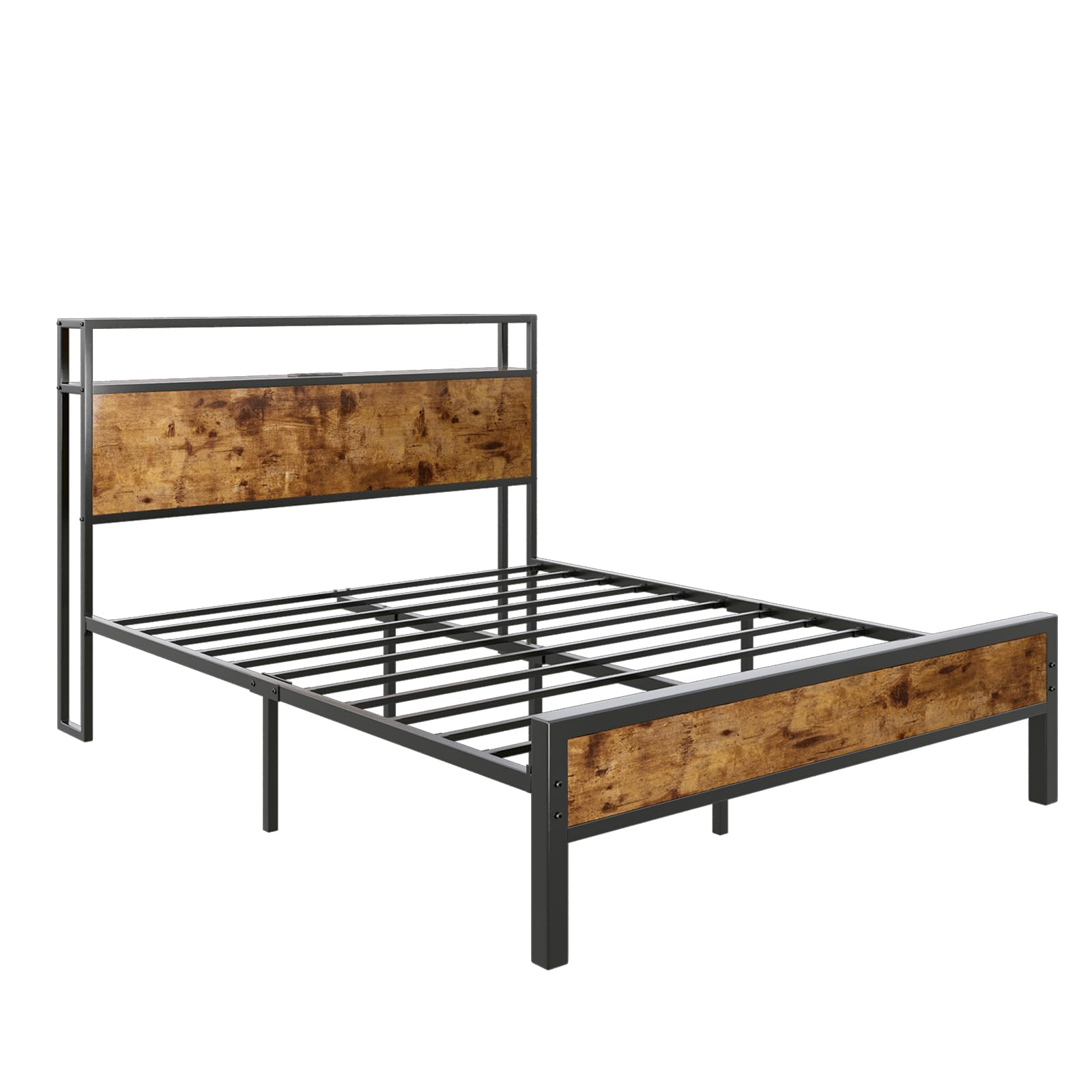 AMERLIFE Queen Size Bed Frame - Industrial Platform Bed with Charging Station & 2-Tier Storage Headboard, No Box Spring Needed, Noise-Free, Dark Brown - Perfect for Modern Bedrooms, Small Spaces & Apartment Living