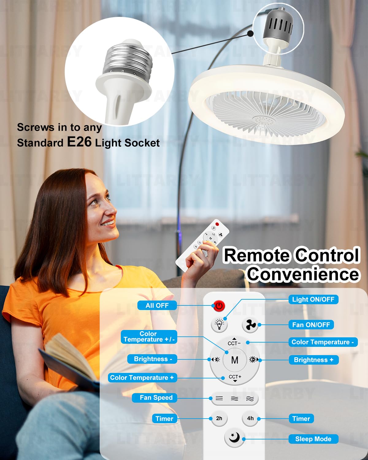 Remote Control Socket Fan Light - 3 Colors (3000K-6500K) Dimmable LED Ceiling Fan Bulb for Bedroom, Kitchen, Closet | Energy Efficient Wireless Small Ceiling Fan with Light | Perfect for Home Cooling & Air Circulation