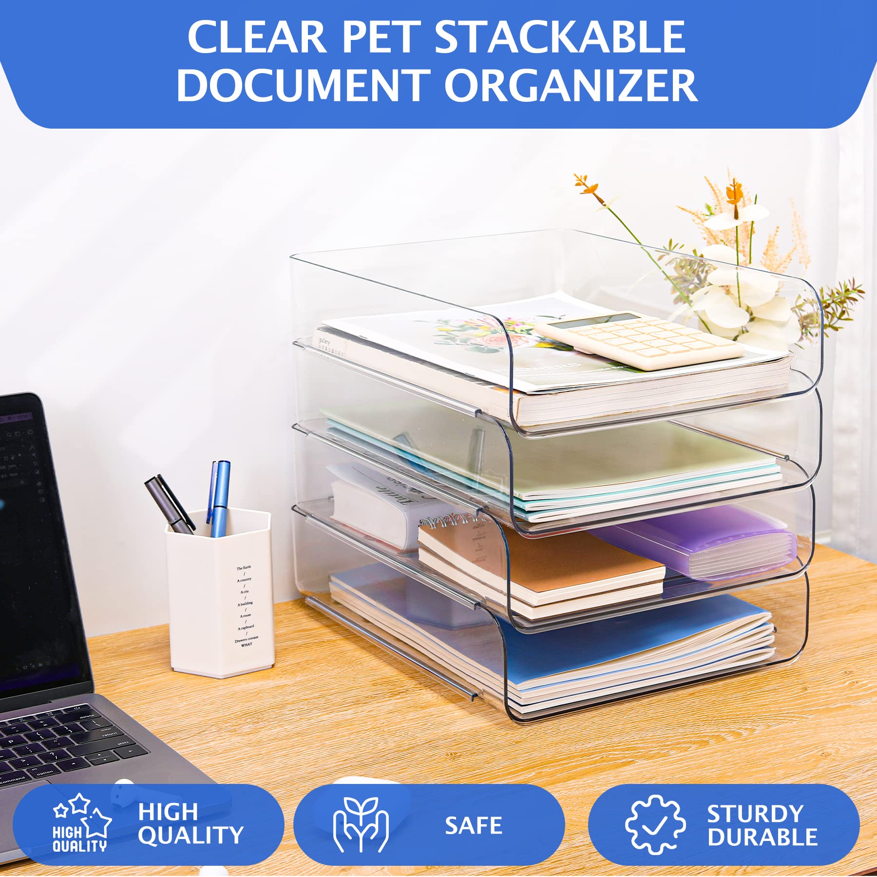 Set of 4 Clear PET Letter Tray Desk Organizer - Stackable Document & File Paper Organizer for Office Supplies | Perfect for Desk Organization, Mail Sorting & Paper Storage