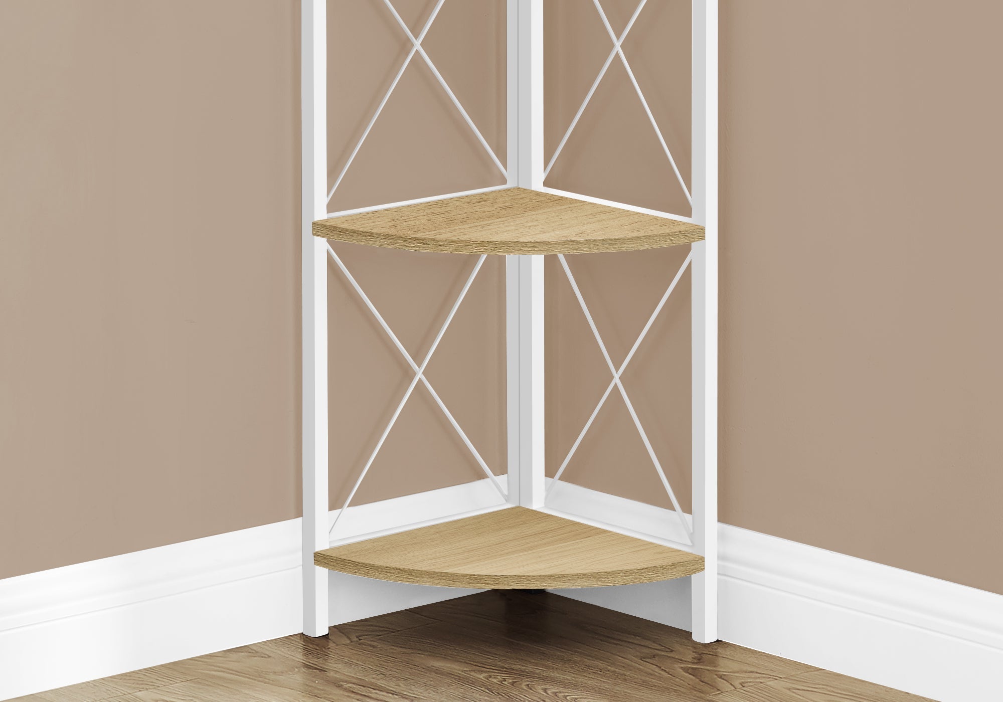 60 Inch Tall Natural Wood and White Metal Corner Bookcase - Stylish Storage for Living Room, Bedroom, or Office