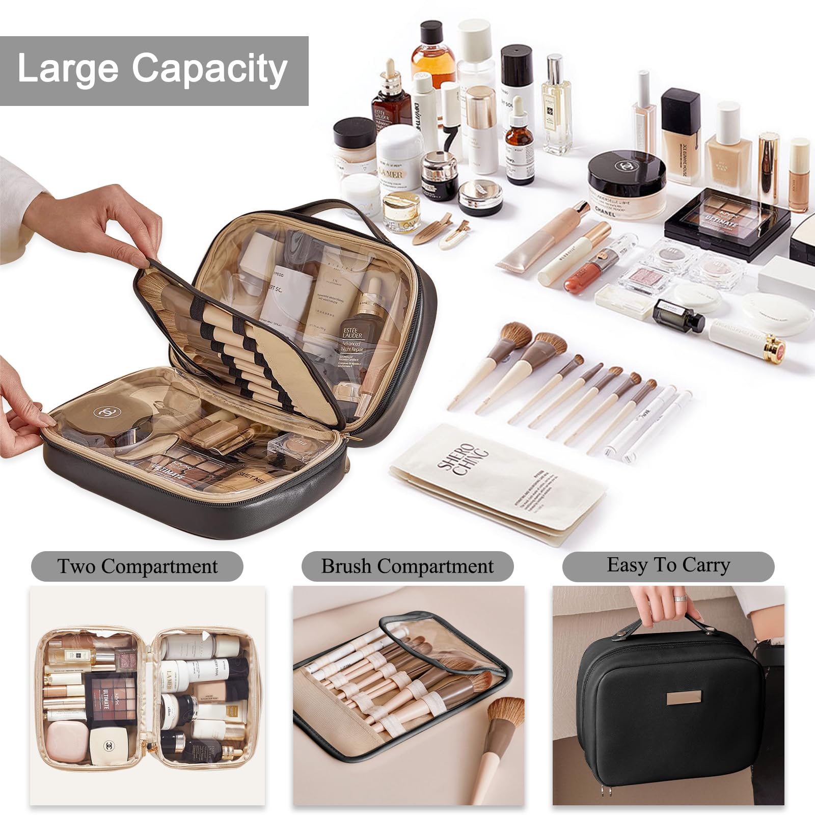 Large Waterproof PU Leather Cosmetic Bag for Women - Travel & Toiletry Organizer