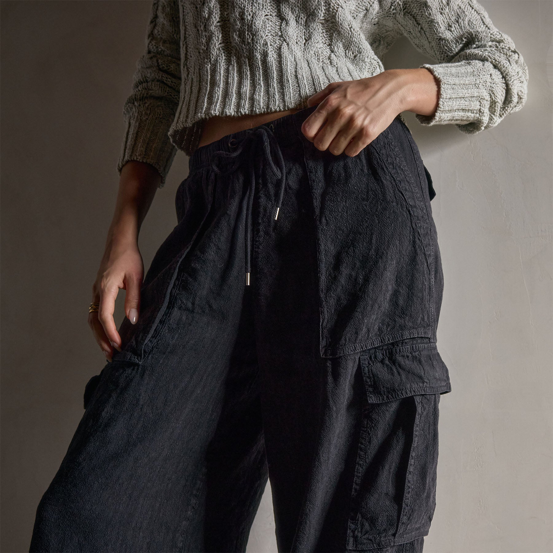 Wide Leg Linen Blend Cargo Pants for Women - Black | Comfortable & Stylish Casual Trousers for Summer, Travel & Outdoor Activities