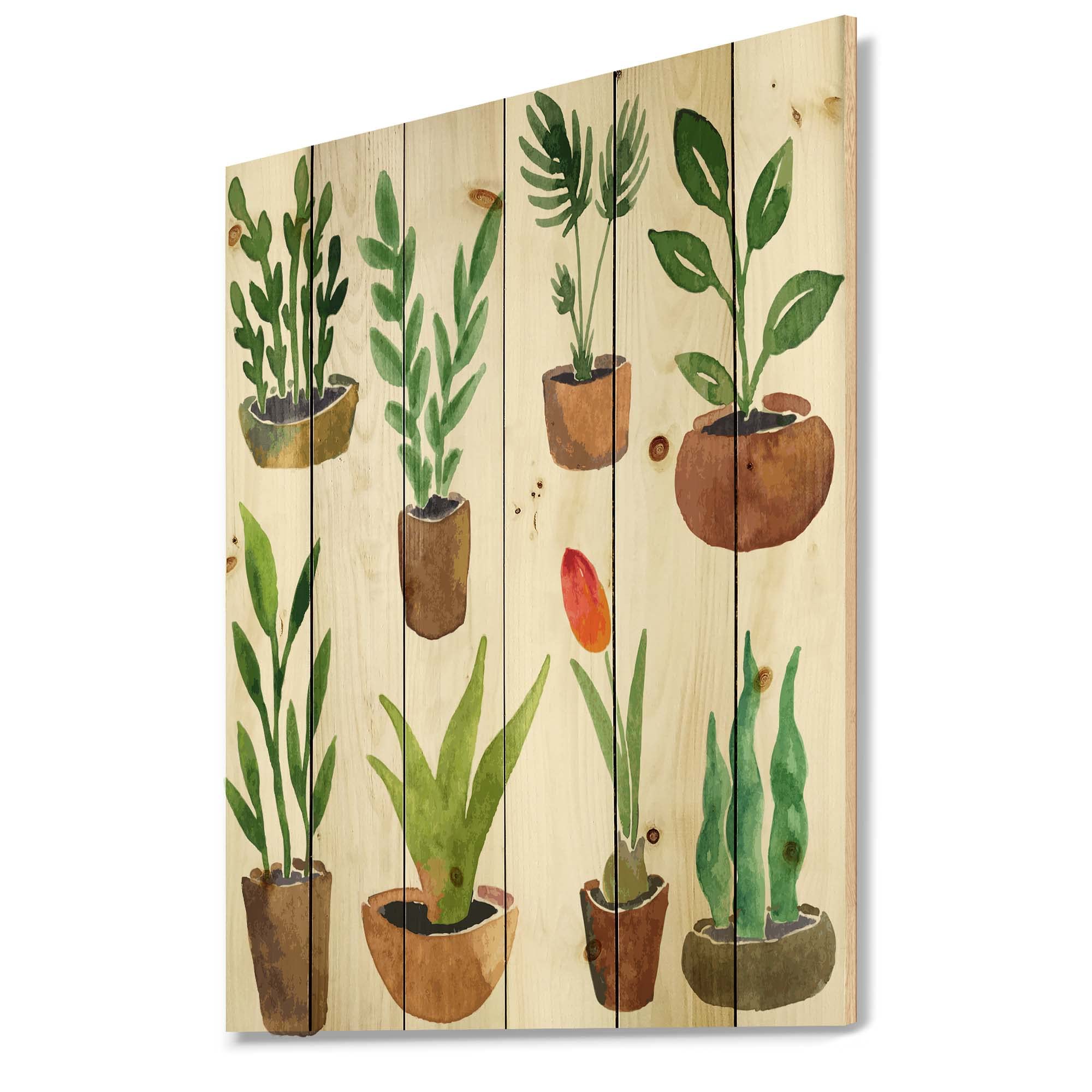 DesignQ Eight Potted House Plants Traditional Wood Wall Decor - Large Floral Wall Art Panels Printed on Natural Pine Wood - Perfect for Living Room, Bedroom & Office Decor