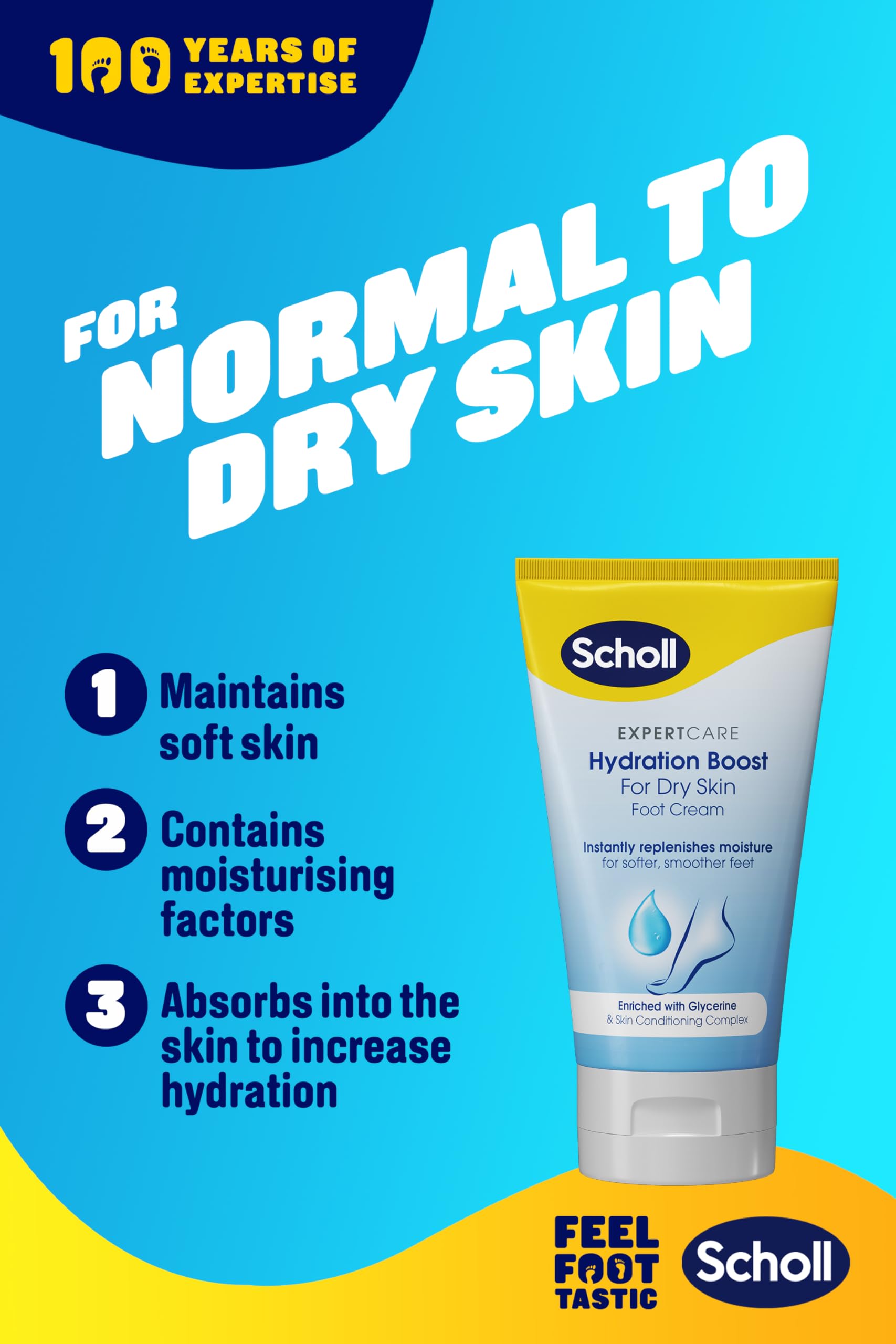 Scholl ExpertCare Hydration Boost Daily Moisturizing Foot Cream 150ml - Fast Absorbing, Glycerin Enriched with Skin Conditioning Complex for Soft Smooth Feet - Perfect for Dry Cracked Heels & Daily Foot Care Routine