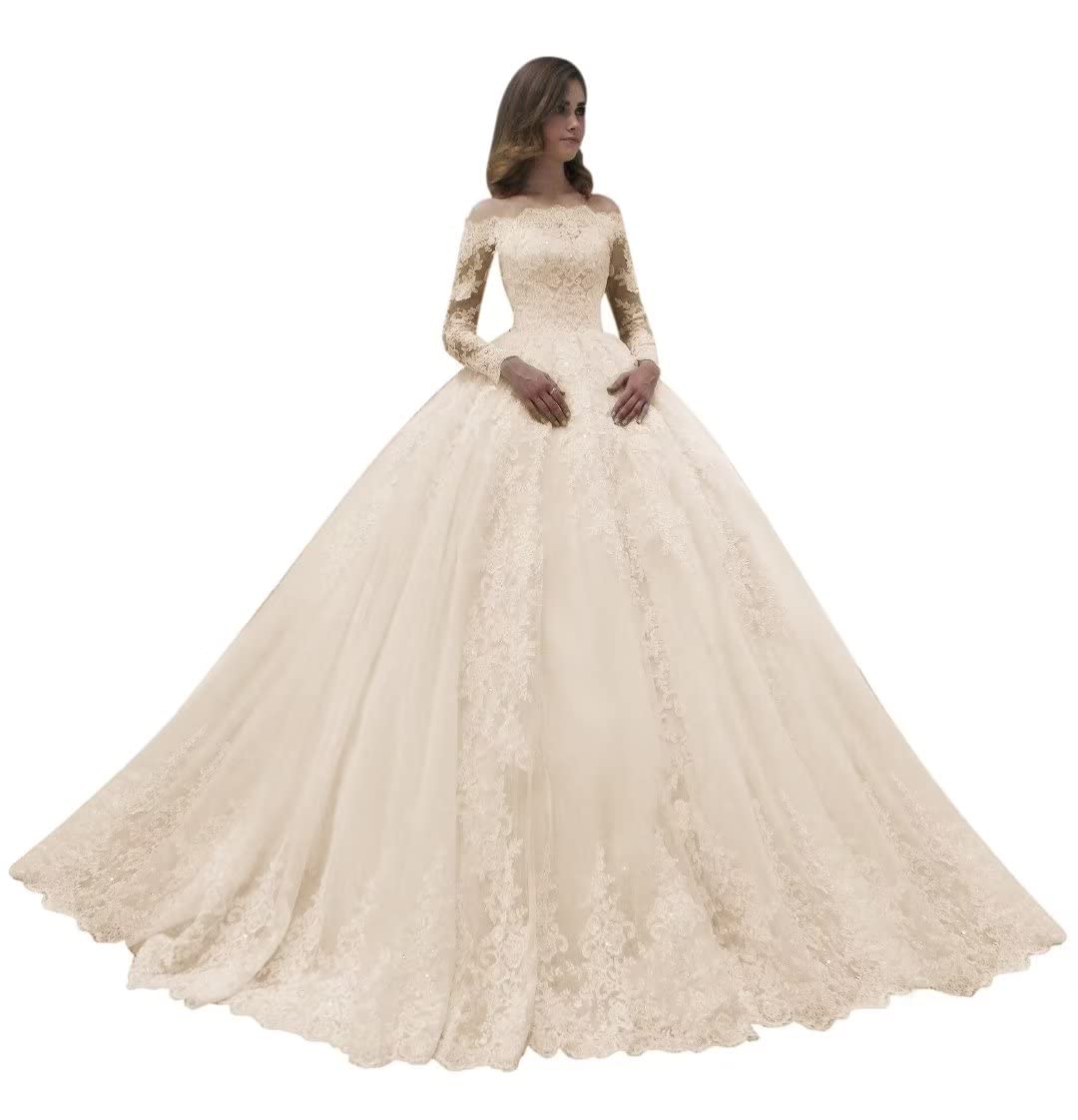 Elegant Off-The-Shoulder Long Sleeve Lace Wedding Dress with Tulle Skirt - Perfect for Beach, Garden & Romantic Bridal Ceremonies