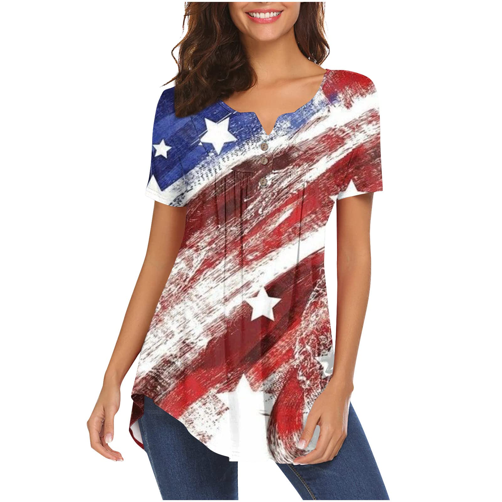 4th of July Tops for Women - Patriotic American Flag Graphic Tees, Dressy Casual Short Sleeve Round Neck Button T-Shirts - Perfect for Independence Day Celebrations, BBQ Parties & Summer Outfits