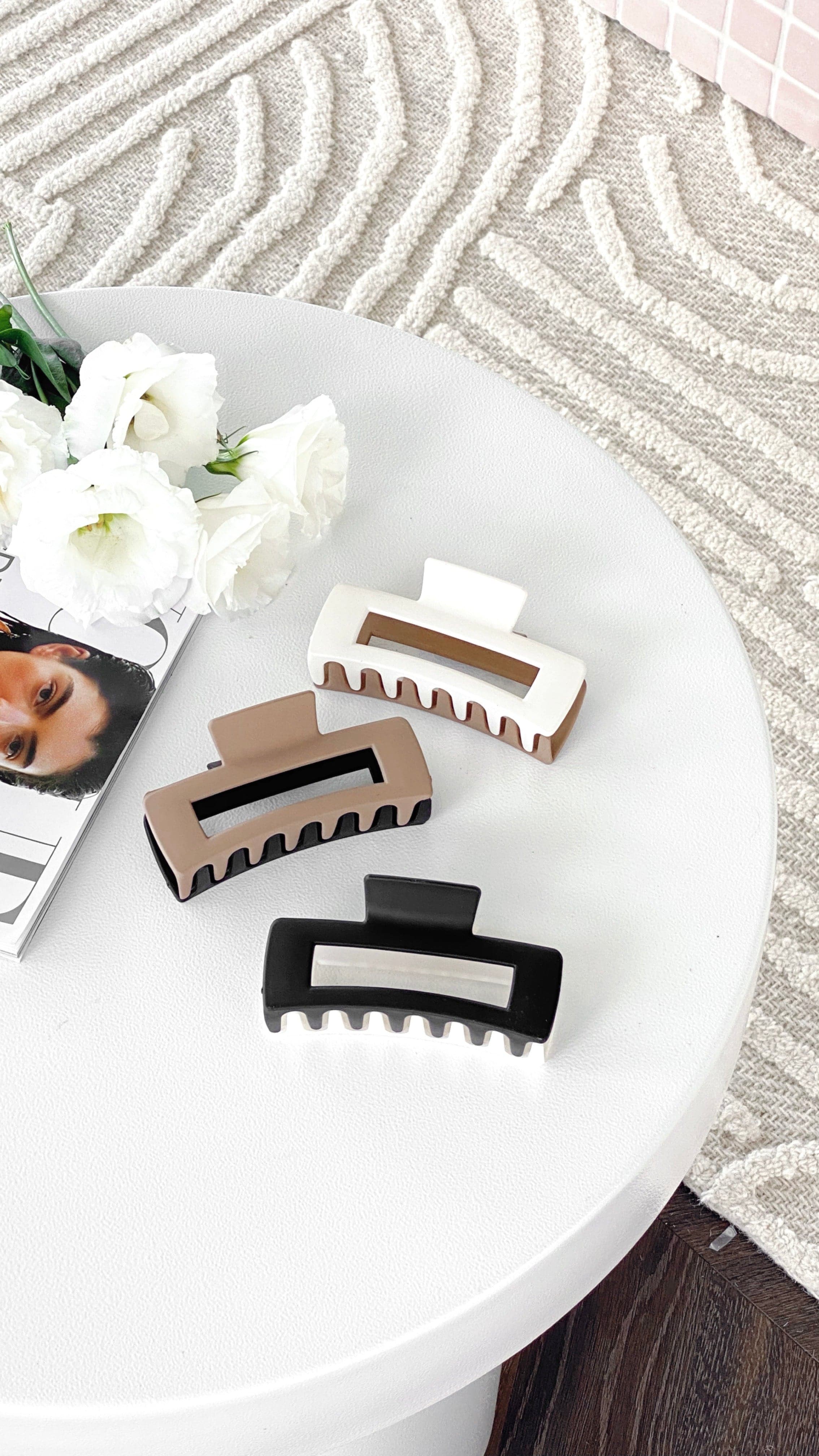 Lily Two Tone Rectangle Hair Clip - White/Tan Hair Accessory for Women & Girls - Perfect for School, Work, and Everyday Styling